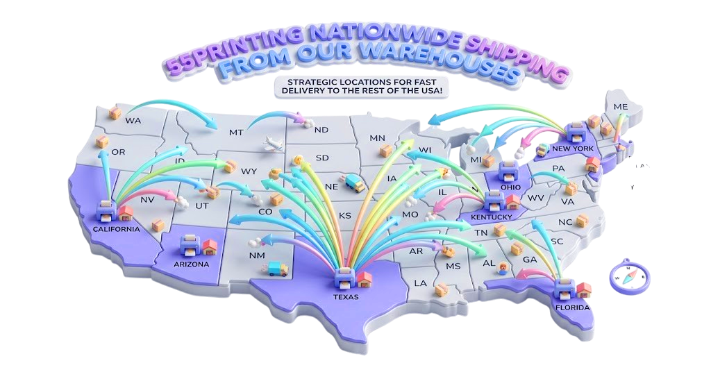 55printing ships digital printing from Rhode Island and other products from Texas, Ohio, California, Florida, or New York