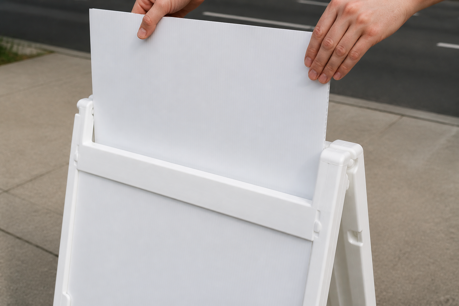 Hands sliding a blank white coroplast panel into a white A-frame slot