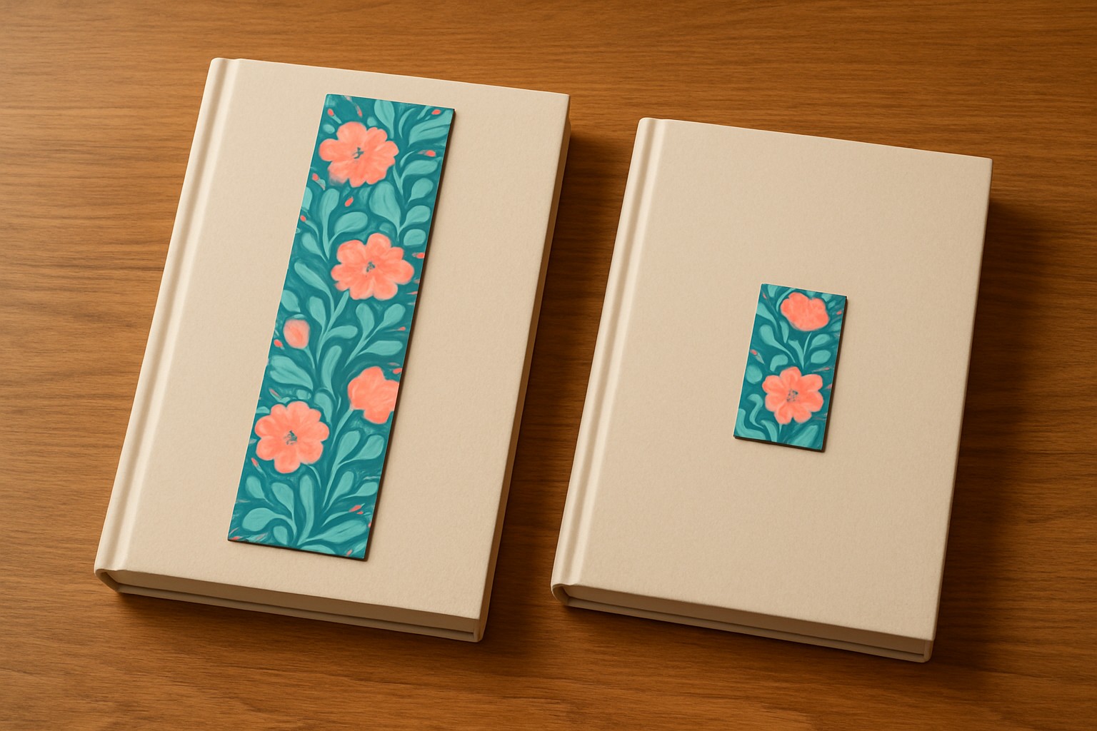 Long 2 by 6 inch floral bookmark on a closed book next to a short 2 by 4 inch stub of the same design