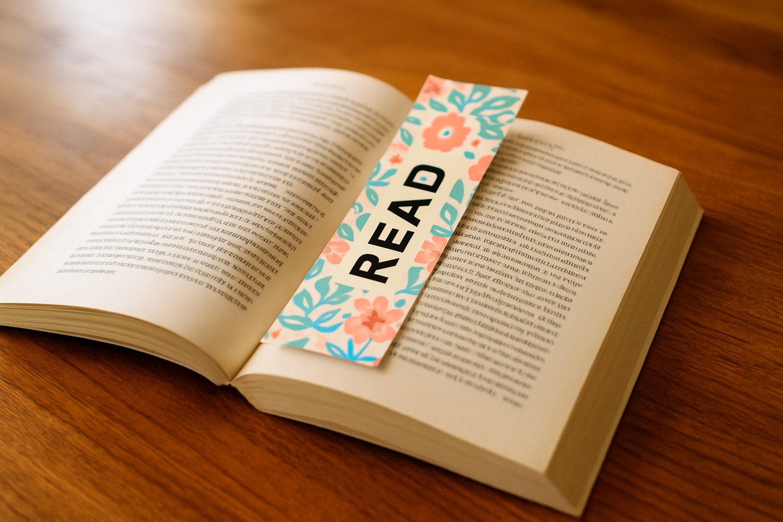 Open paperback novel with a slim 2 by 6 inch glossy bookmark marking the page