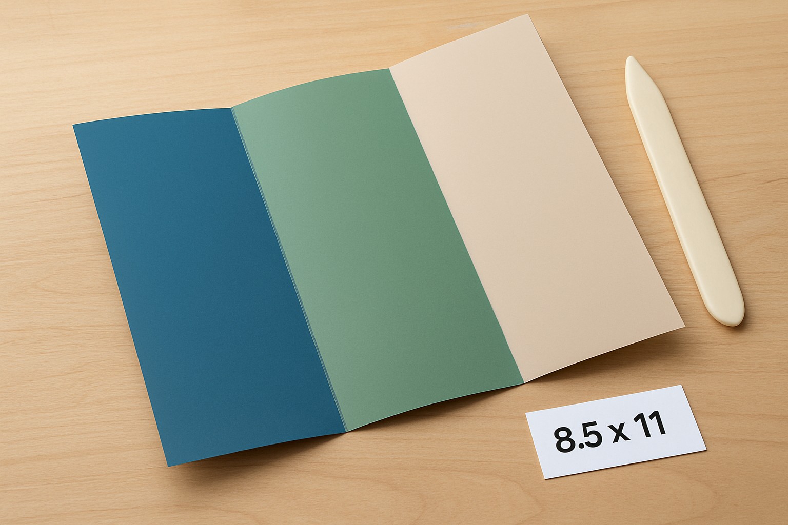 Close-up of an 8.5 by 11 inch tri-fold brochure being folded along a visible score line