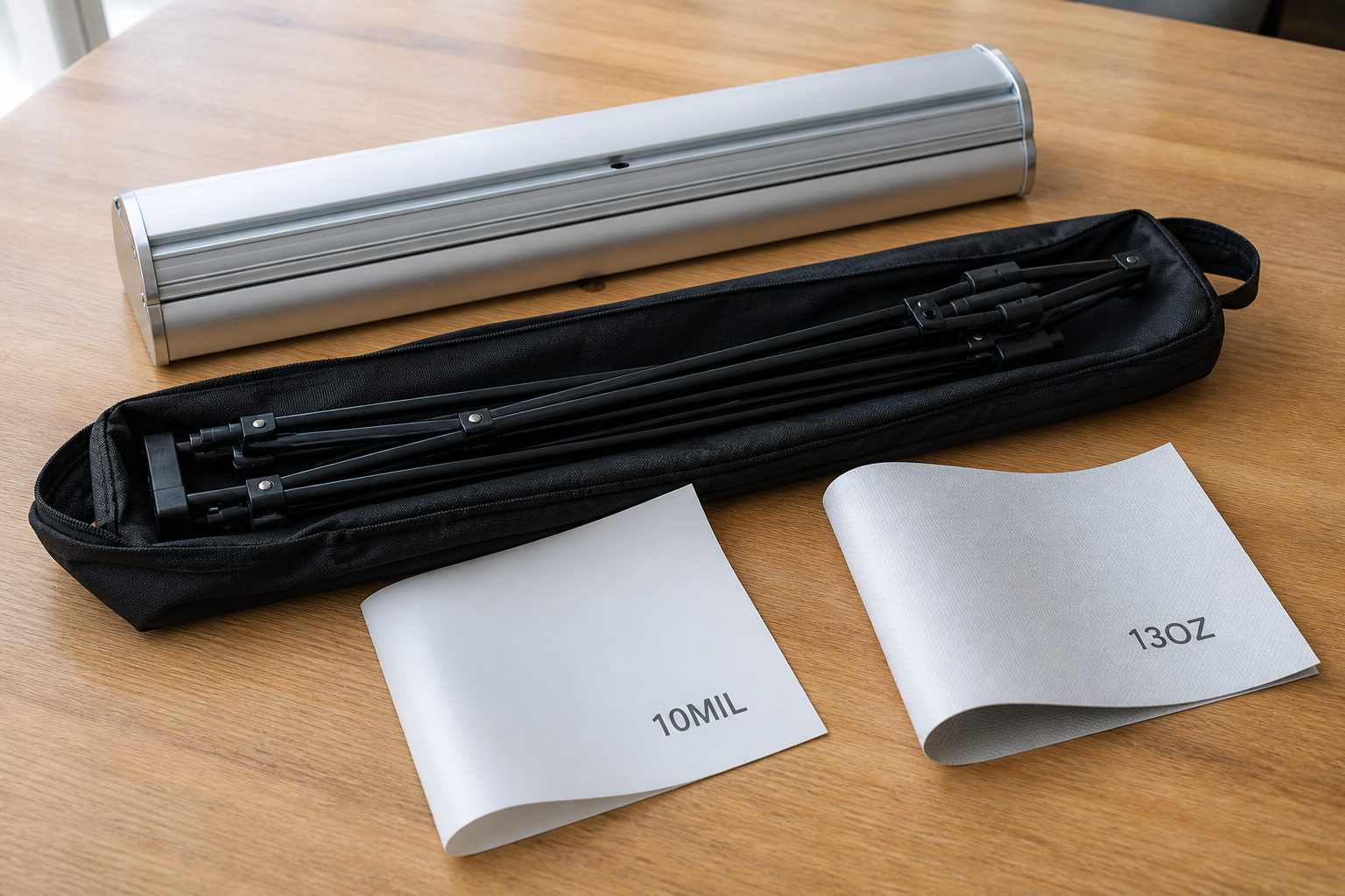Retractable cassette, X-frame poles in a carry bag, and 10mil and 13oz vinyl swatches