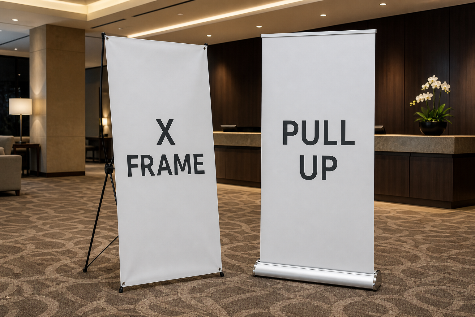 X-frame banner stand next to a retractable pull-up stand in a hotel lobby