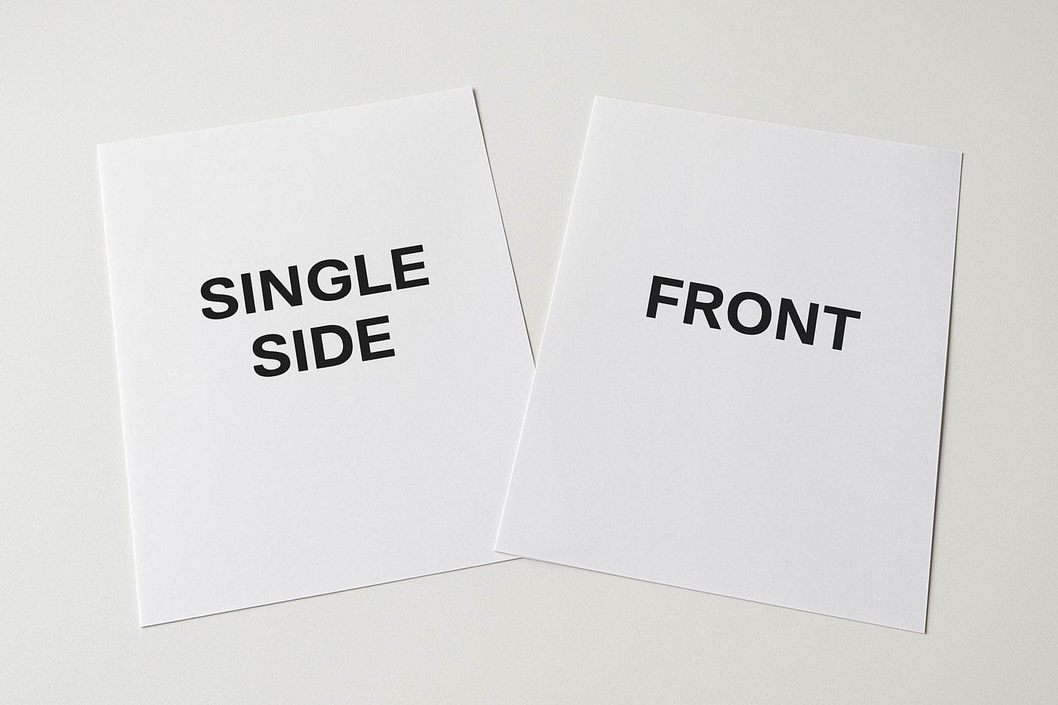 Single-sided black letter copy next to a sheet labeled front for a two-sided job