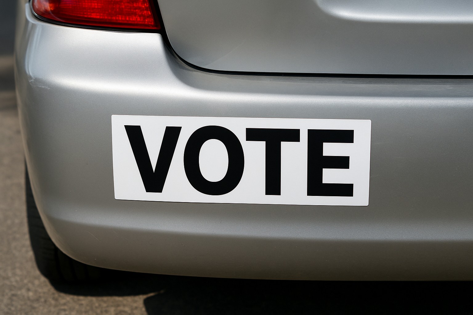 3 by 10 inch white vinyl bumper sticker with VOTE in bold black on a silver car rear bumper