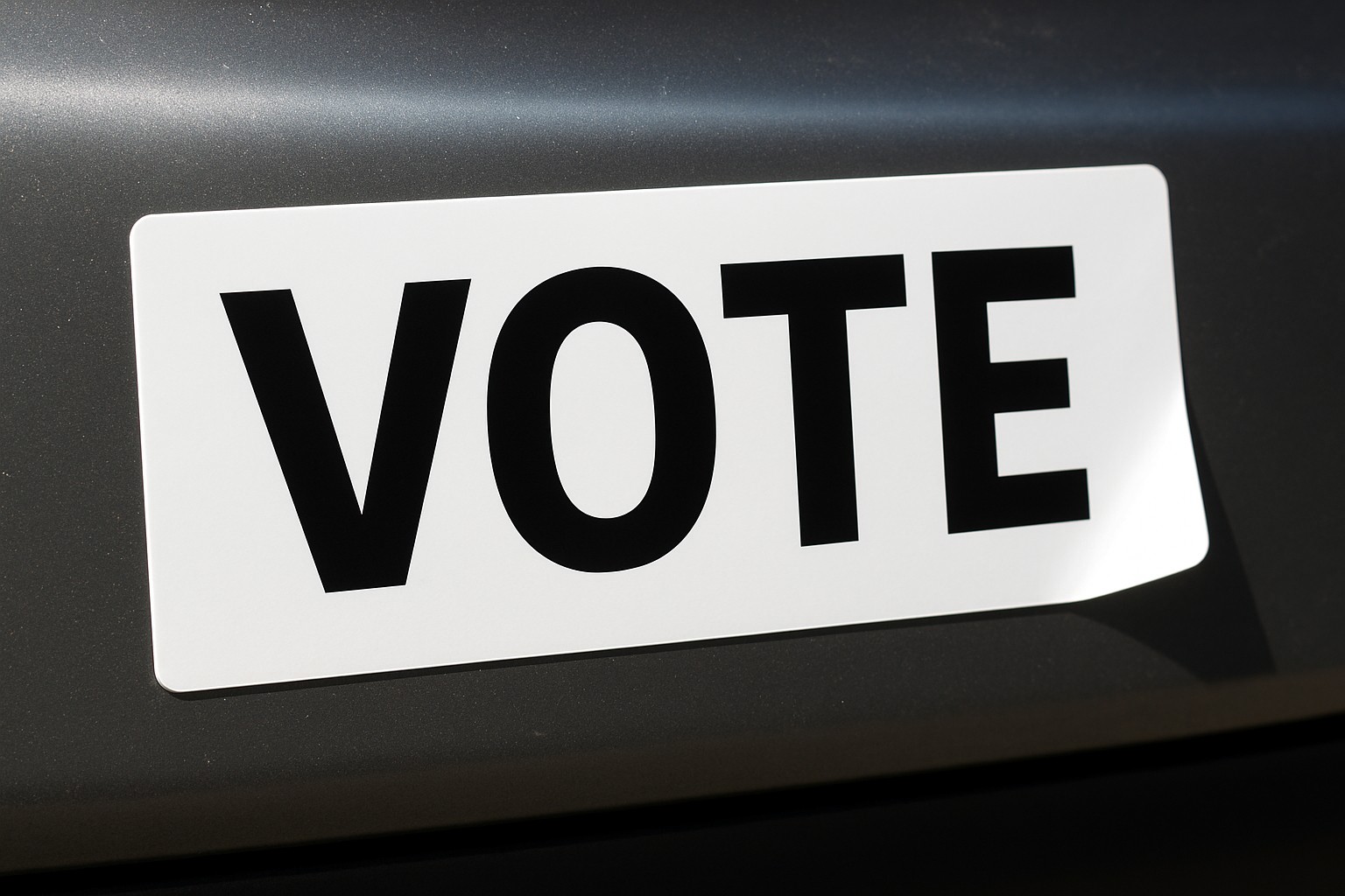 Close-up of a 3 by 10 inch white vinyl bumper sticker with VOTE, one corner lifted on a painted car bumper