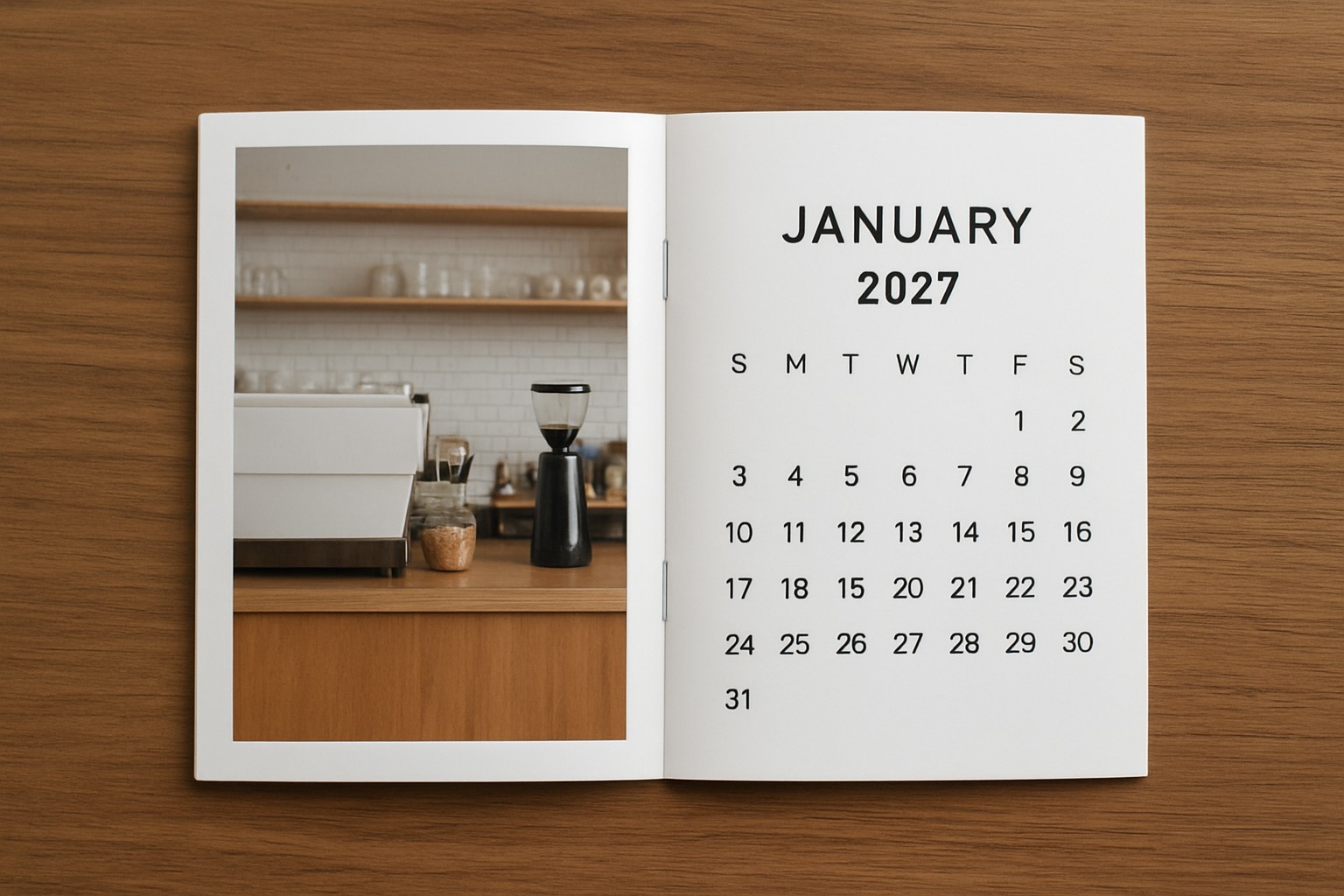 Open 6 by 9.5 inch saddle-stitched calendar on a desk showing a January 2027 month grid