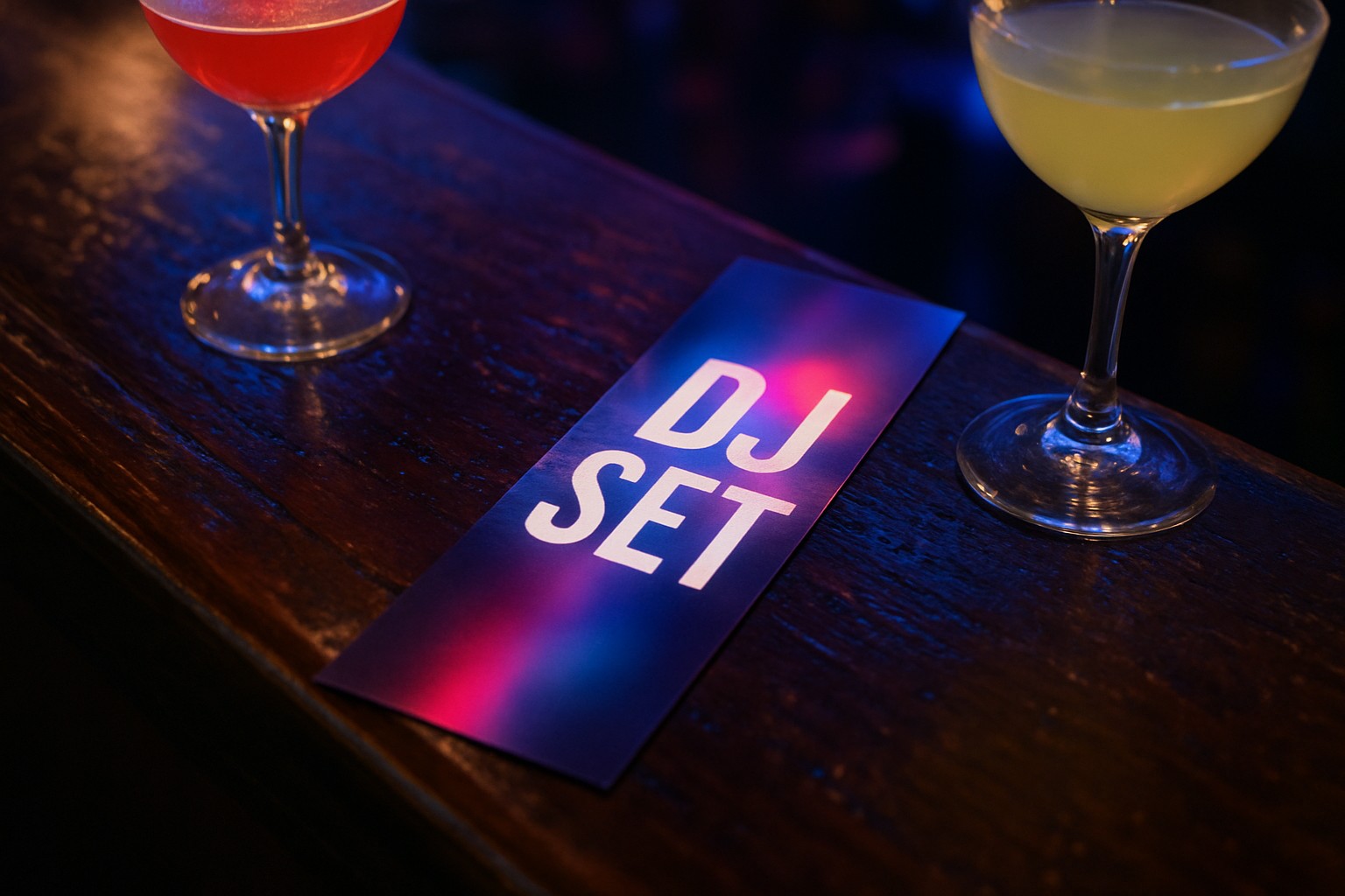 Long 2.75 by 8.5 inch club flyer strip on a bar rail next to glasses, showing the tall nightclub cut