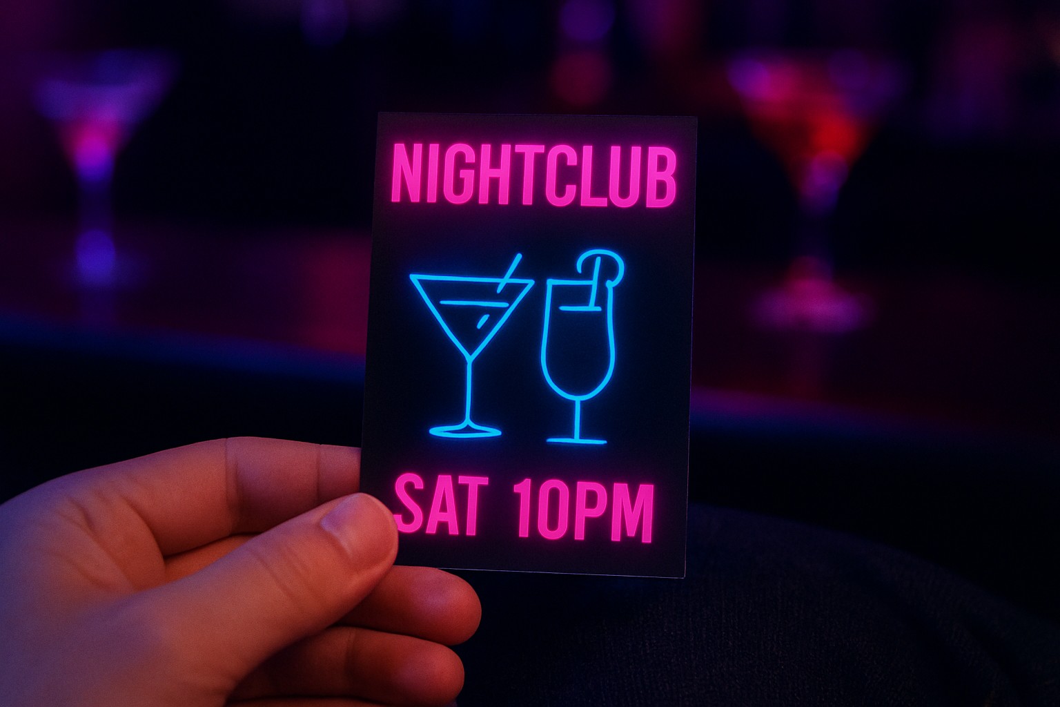 Small 2 by 4 inch nightclub flyer on a dark bar with neon and a jeans pocket, not a letter-size sheet