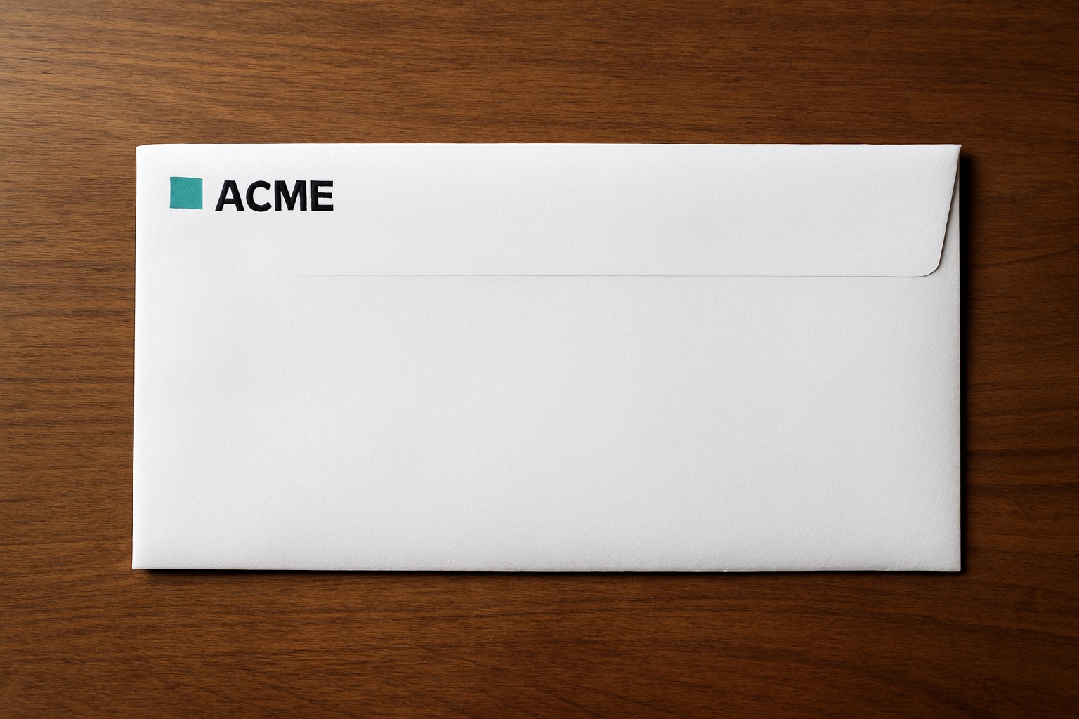 Closed-face number 10 white business envelope on a desk with a small return mark and an empty address area