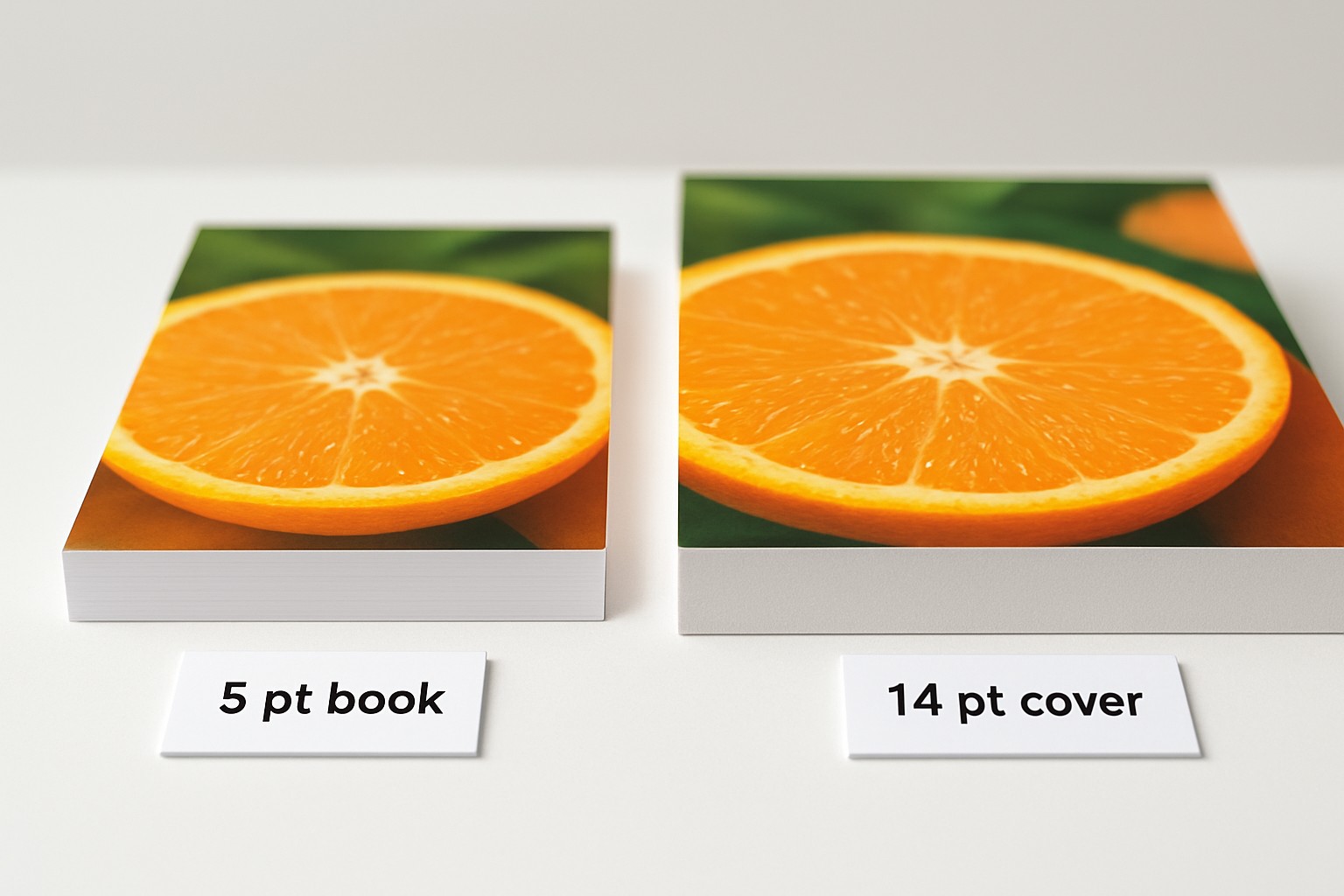 Two 4x6 flyer stacks labeled 5 pt book and 14 pt cover showing the thicker cover edge