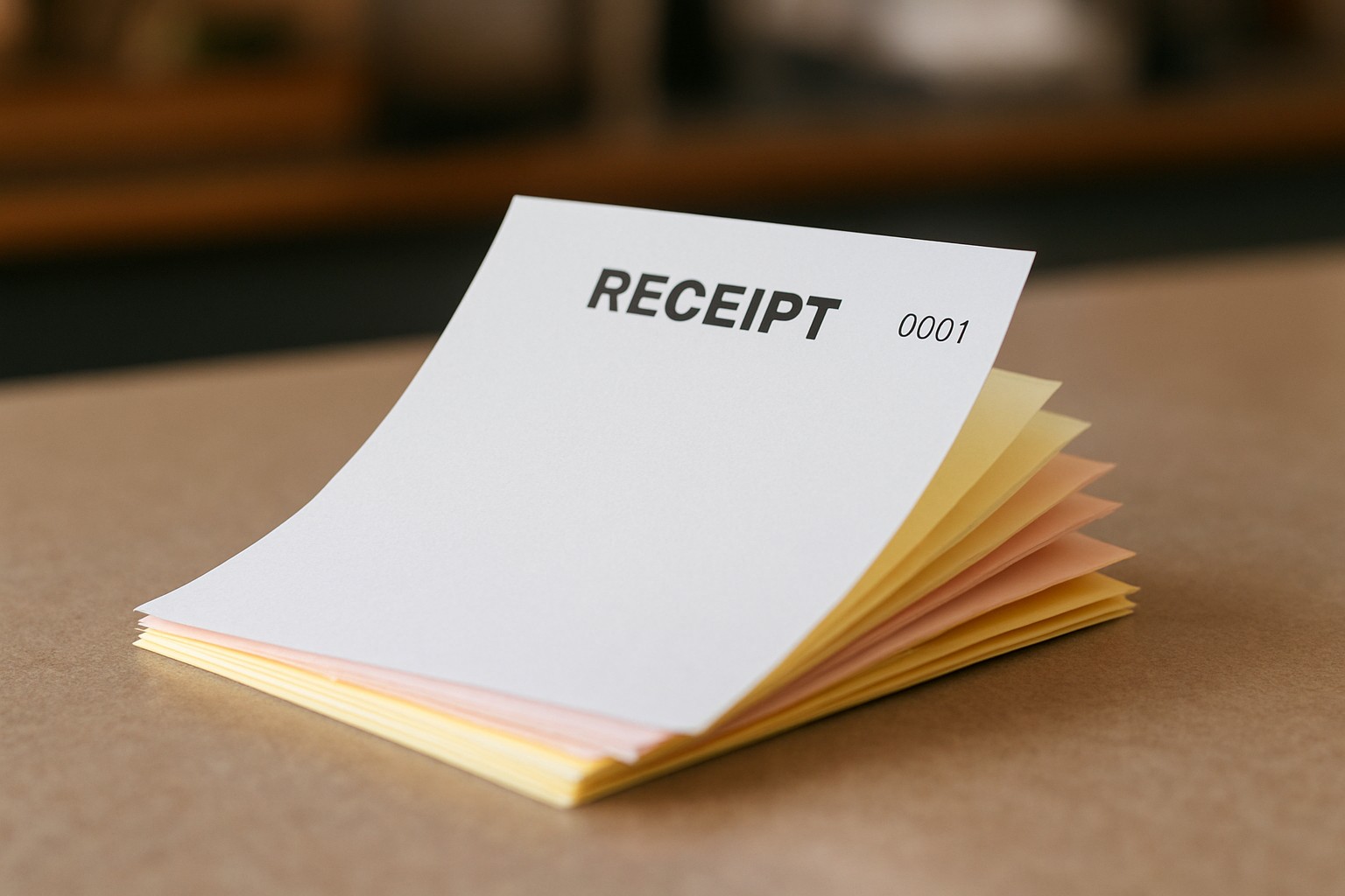 Fanned loose carbonless receipt sets showing a white RECEIPT slip numbered 0001 over pink and yellow copies