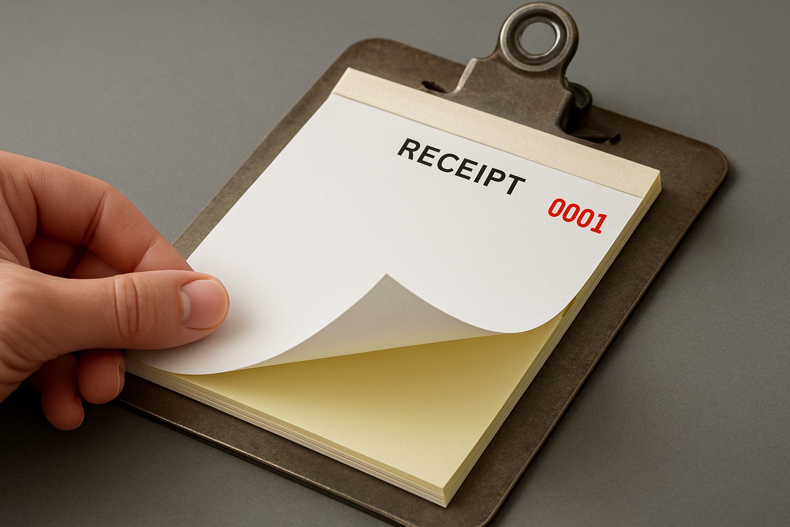 Top-padded loose NCR receipt pad on a clipboard, white RECEIPT sheet with red 0001 being lifted from a yellow copy