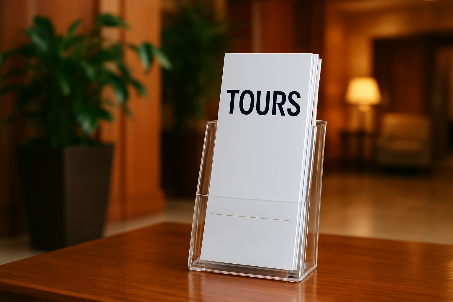 Tall 3.5 by 11 inch rip rack cards with a perforated stub standing in a hotel lobby brochure holder