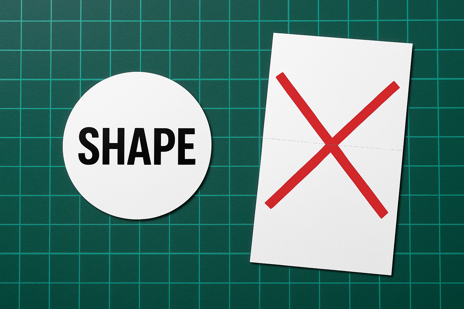 Die-cut circle business card beside a rejected perforated two-piece rack card