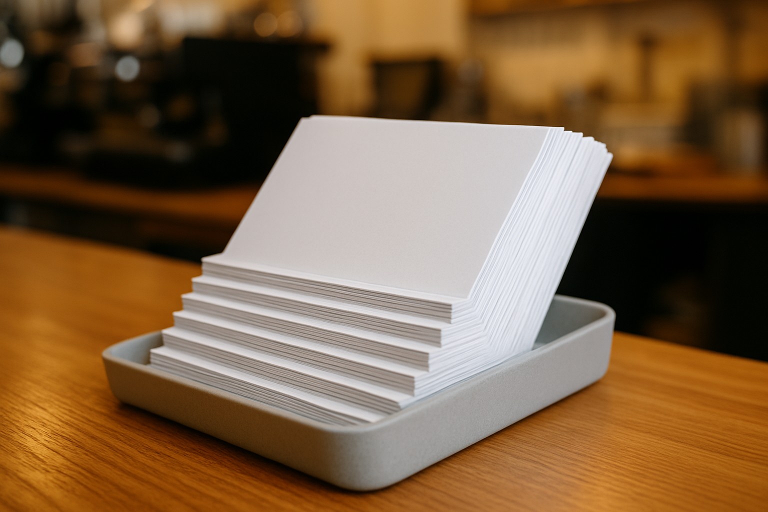 Counter rack of staggered-cut flyers where each sheet peeks out in a stair-step so the next offer is visible