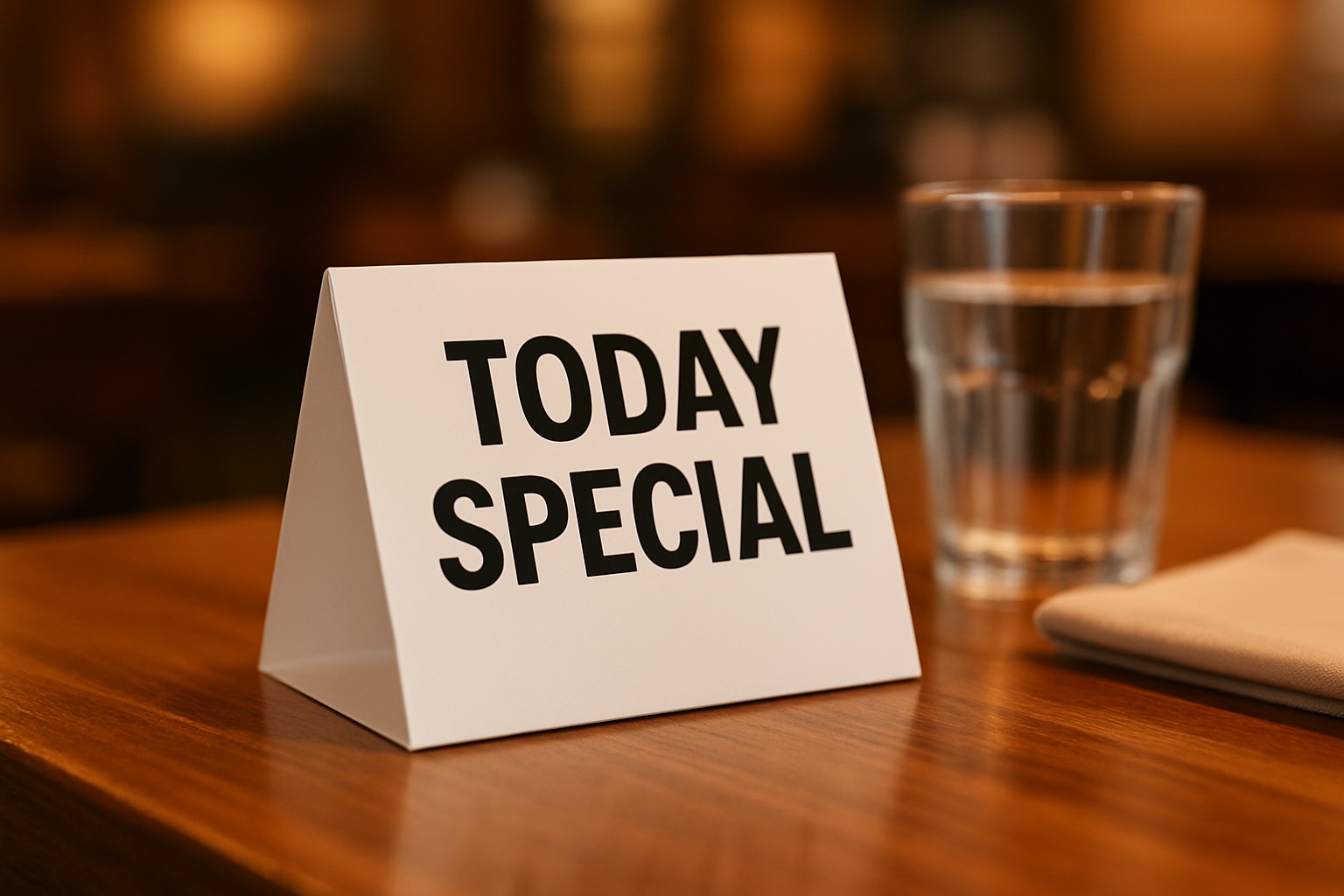Standing 4 by 4 inch table tent on a restaurant table next to a water glass, face reading TODAY SPECIAL
