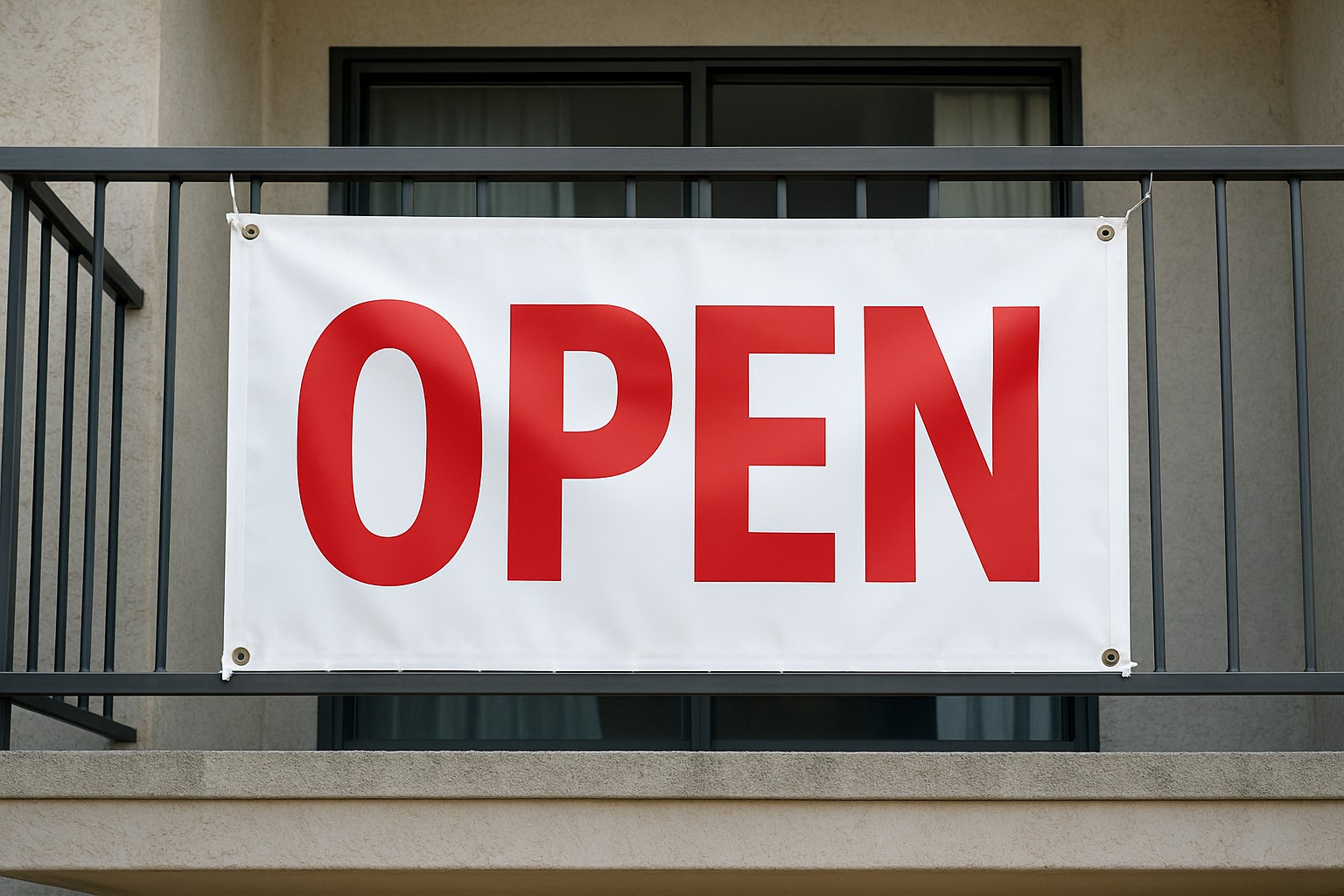 Two by four foot glossy vinyl banner tied to a balcony rail with corner grommets