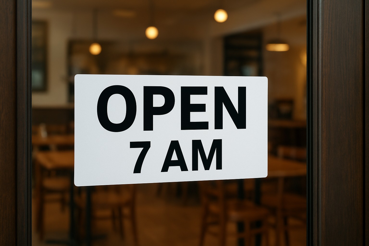White static cling hours strip pressed on the inside of a cafe door glass