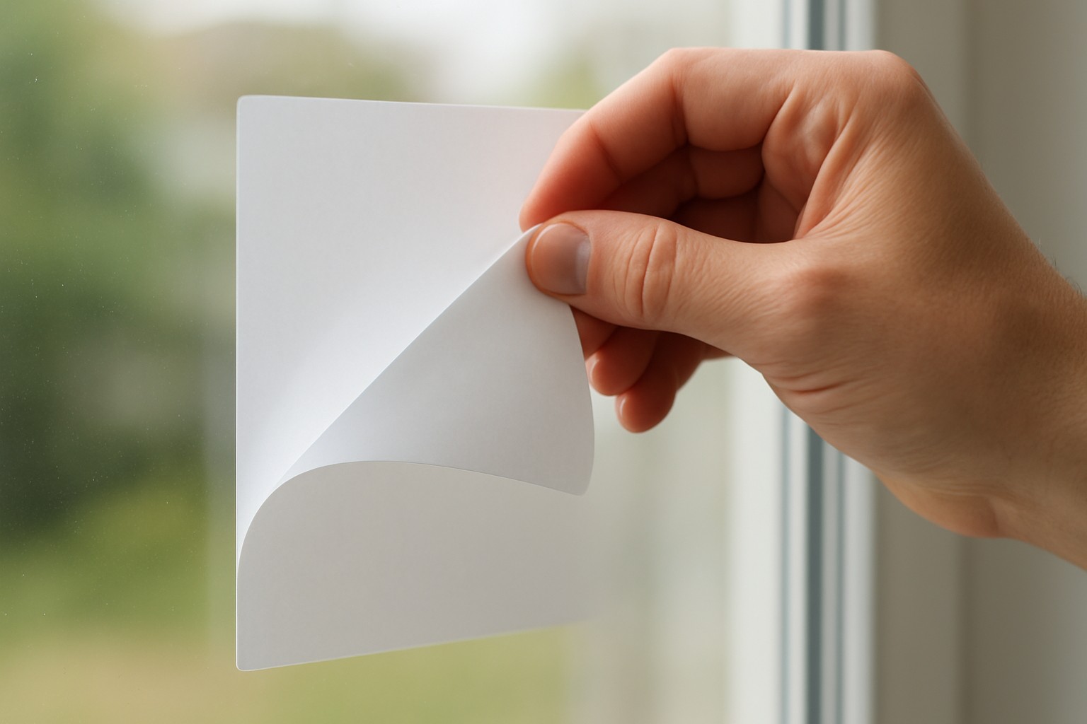 Hand lifting a white static cling strip off interior glass from one corner