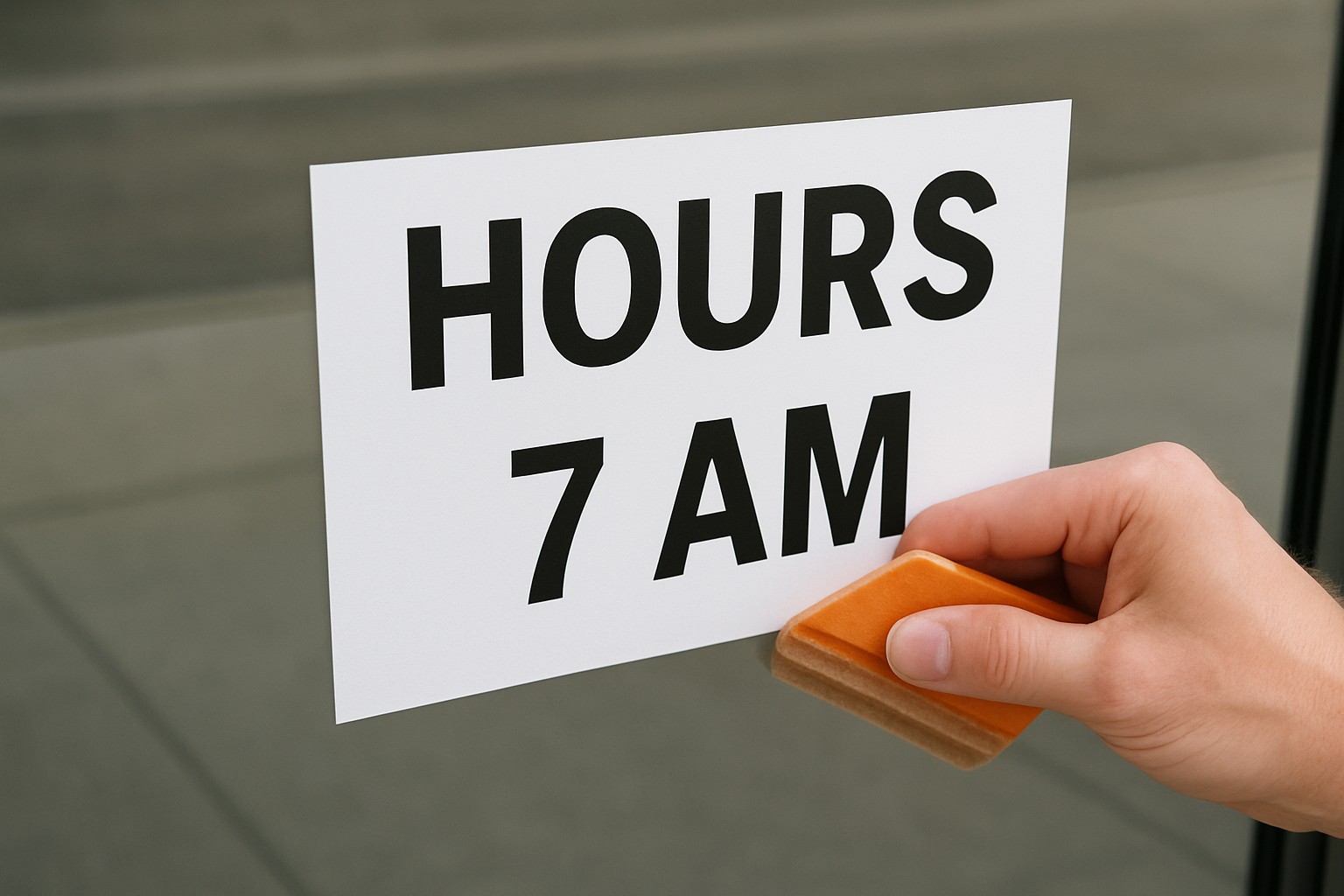 White adhesive vinyl hours strip applied to storefront glass with a squeegee