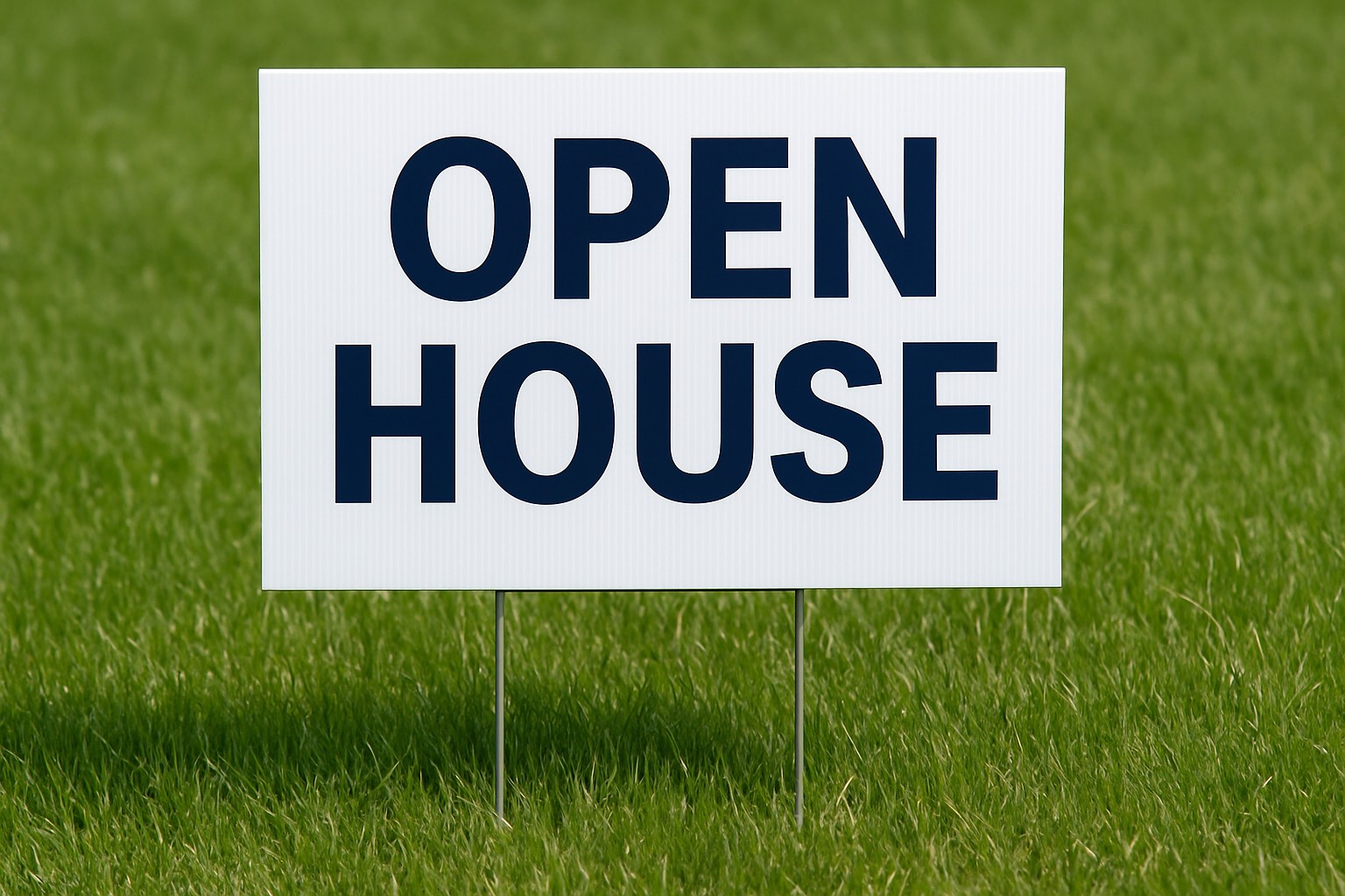 12 by 18 inch white corrugated plastic yard sign with OPEN HOUSE in navy type standing in green grass on a metal step stake