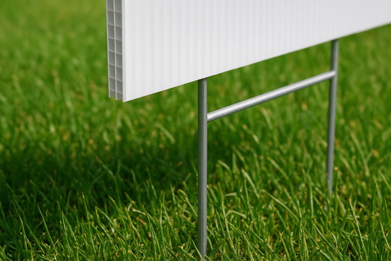Close-up of 4mm corrugated plastic flutes with a metal H-wire step stake pressed into a lawn