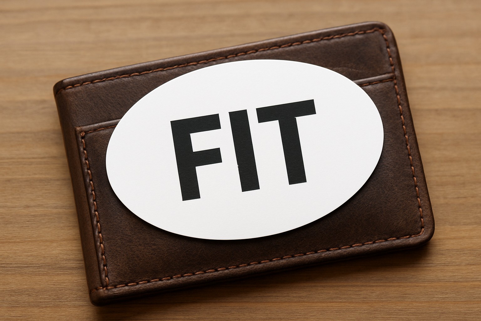 Oval 2 by 3.5 inch business card sliding into a standard US wallet