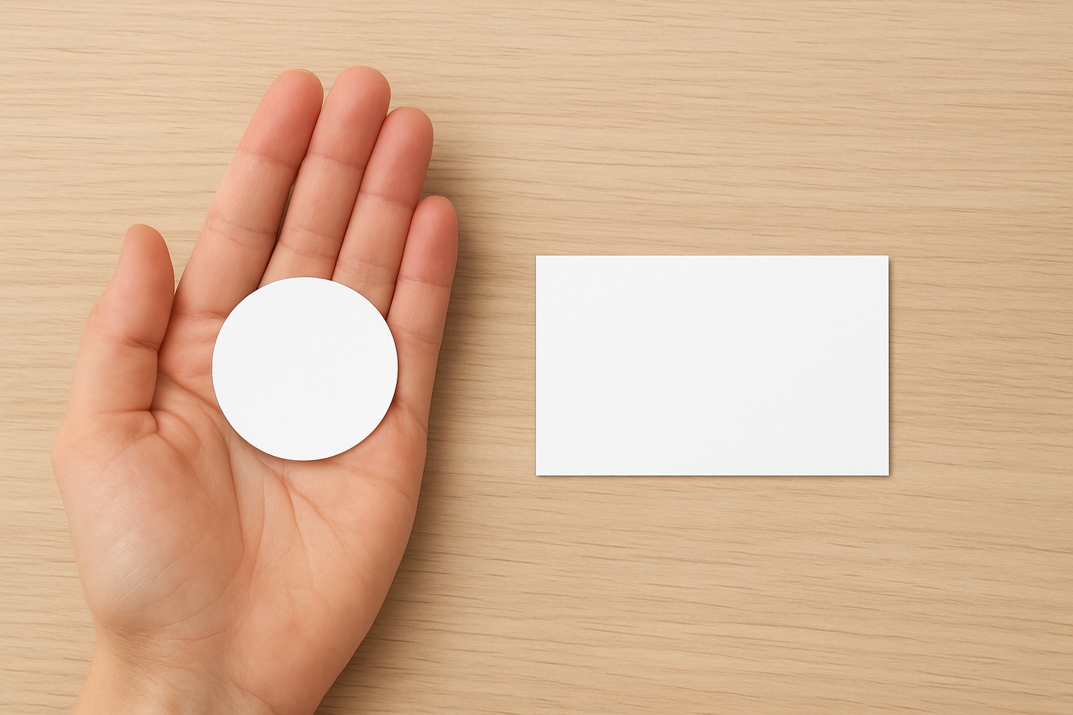 Blank two inch circle card in a palm next to a blank rectangle business card