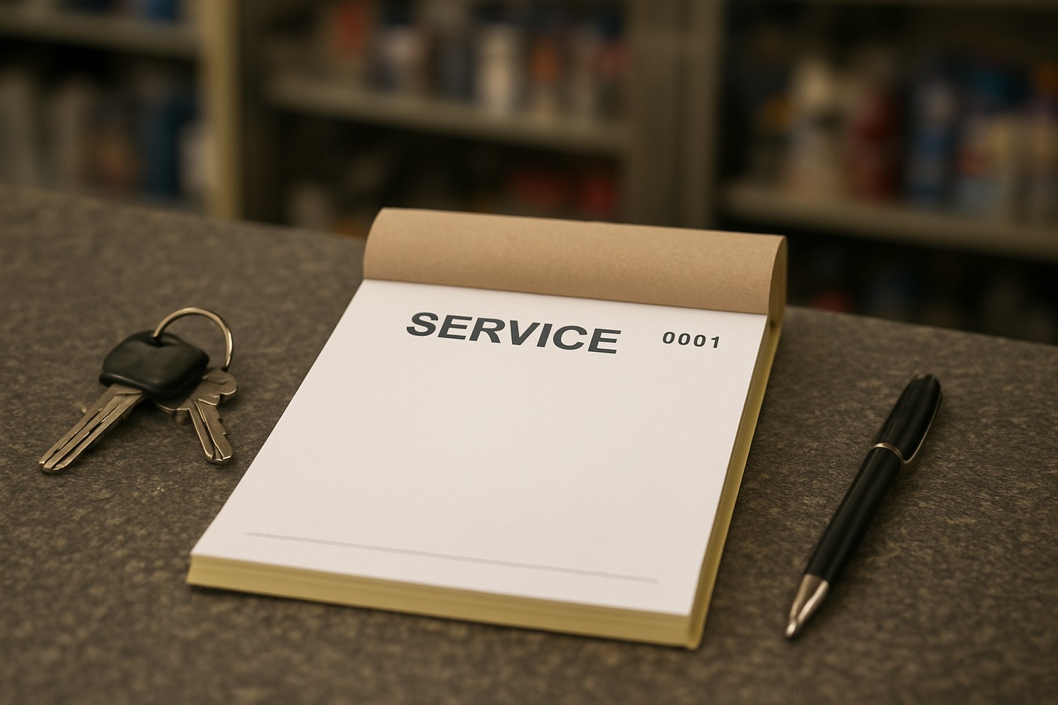 Bound carbonless service book on a shop counter with a wrap, keys, and a ticket marked SERVICE 0001