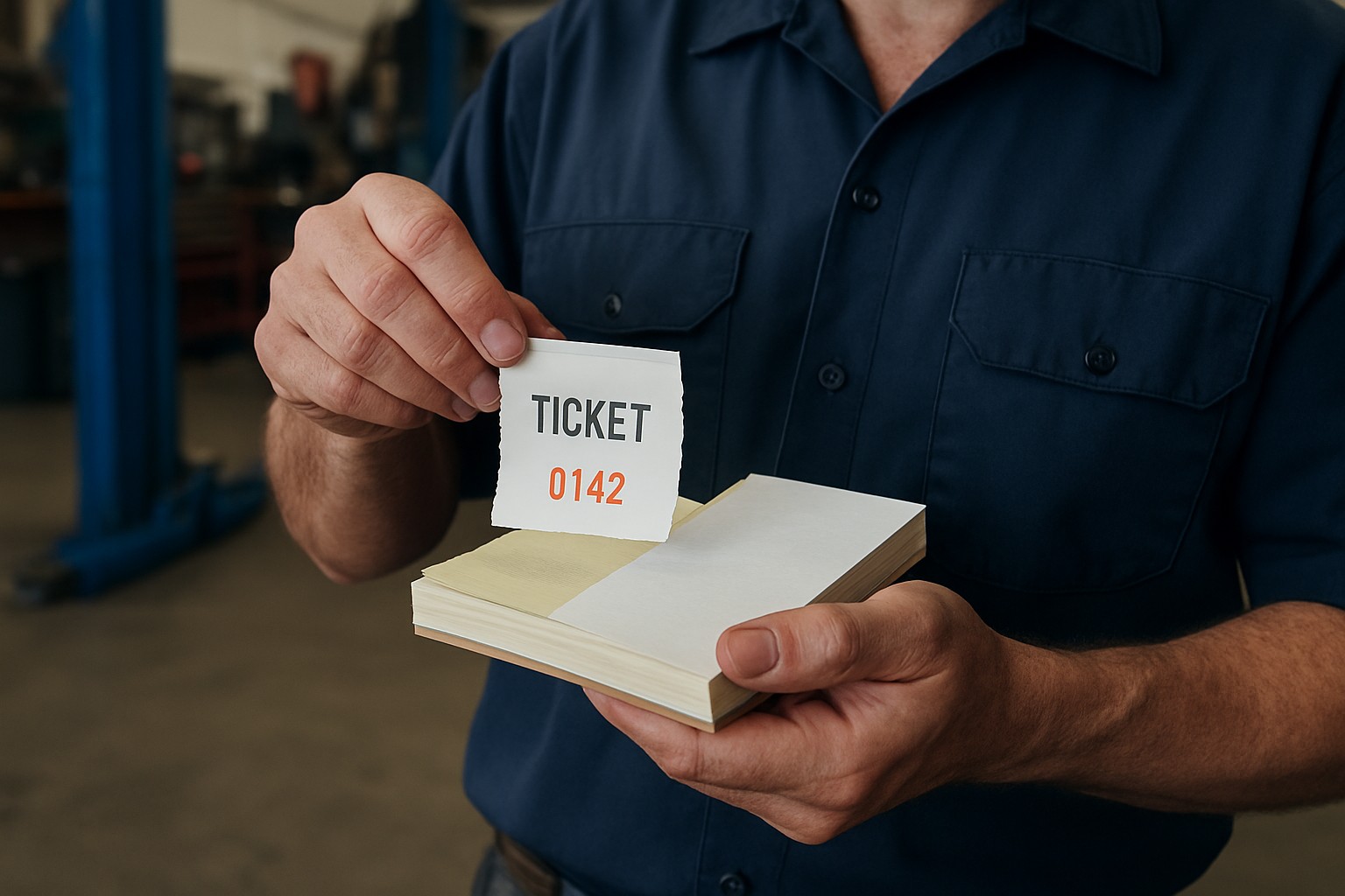 Mechanic tearing one carbonless set from a bound NCR book, ticket face showing TICKET 0142