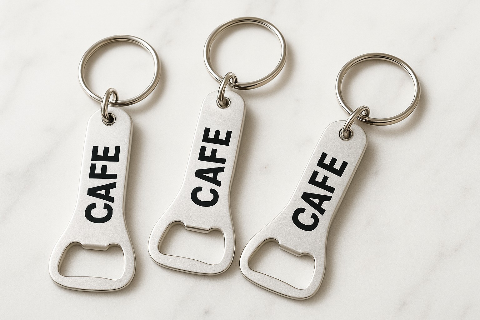 Three aluminum bottle-opener keychains printed CAFE with split rings