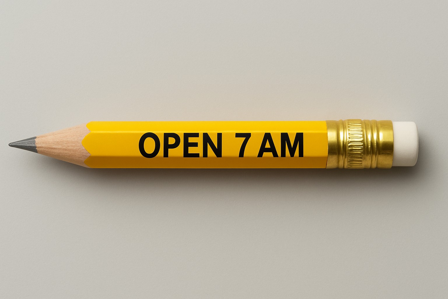 Yellow wood #2 pencil with sharpened graphite, gold ferrule, white eraser, and OPEN 7 AM imprint