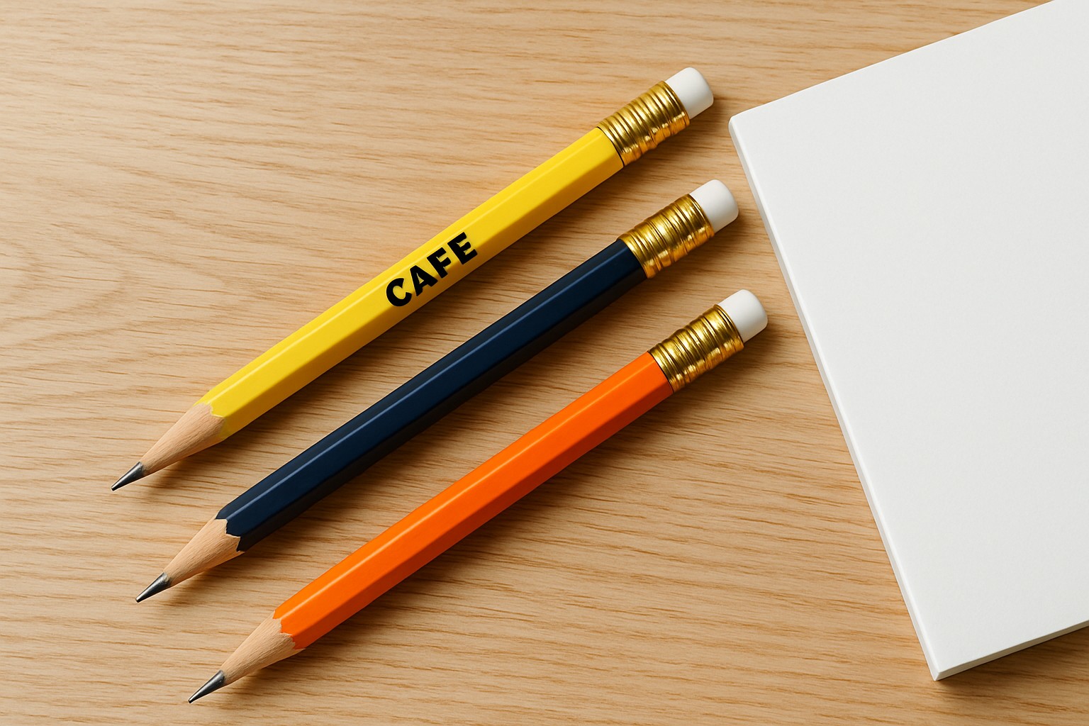 Yellow, navy, and orange wood #2 pencils with gold ferrules and white erasers, CAFE printed on the yellow barrel