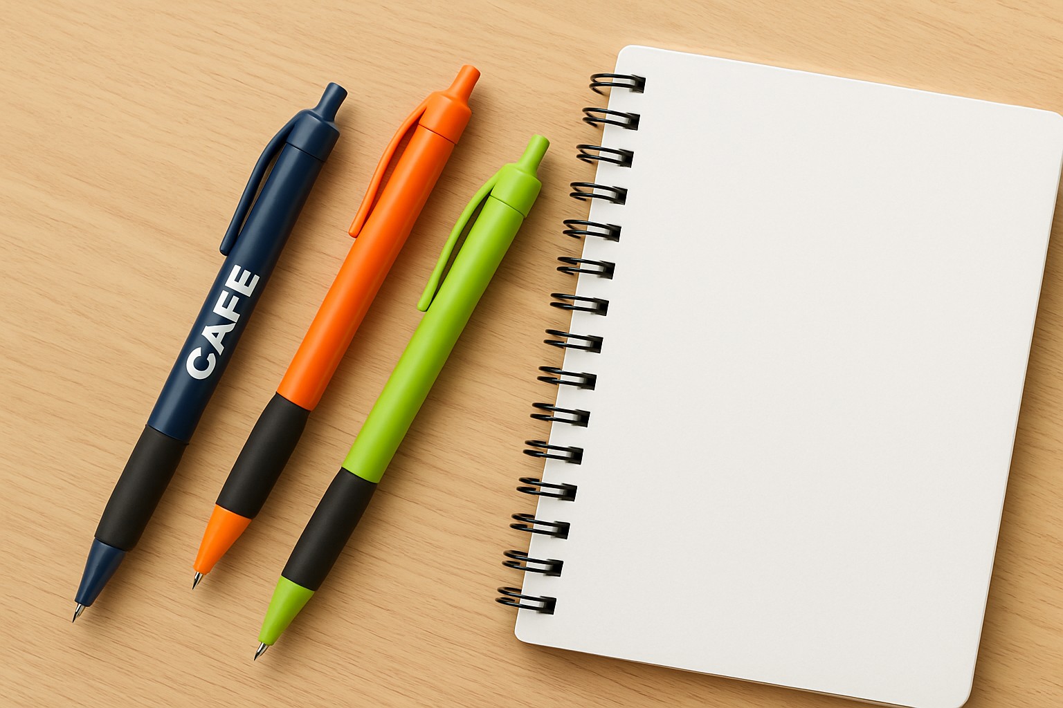 Navy orange and lime retractable ballpoint pens on a desk with CAFE printed on the navy barrel
