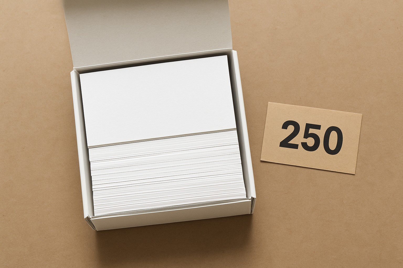 Open carton packed with 250 US standard business cards