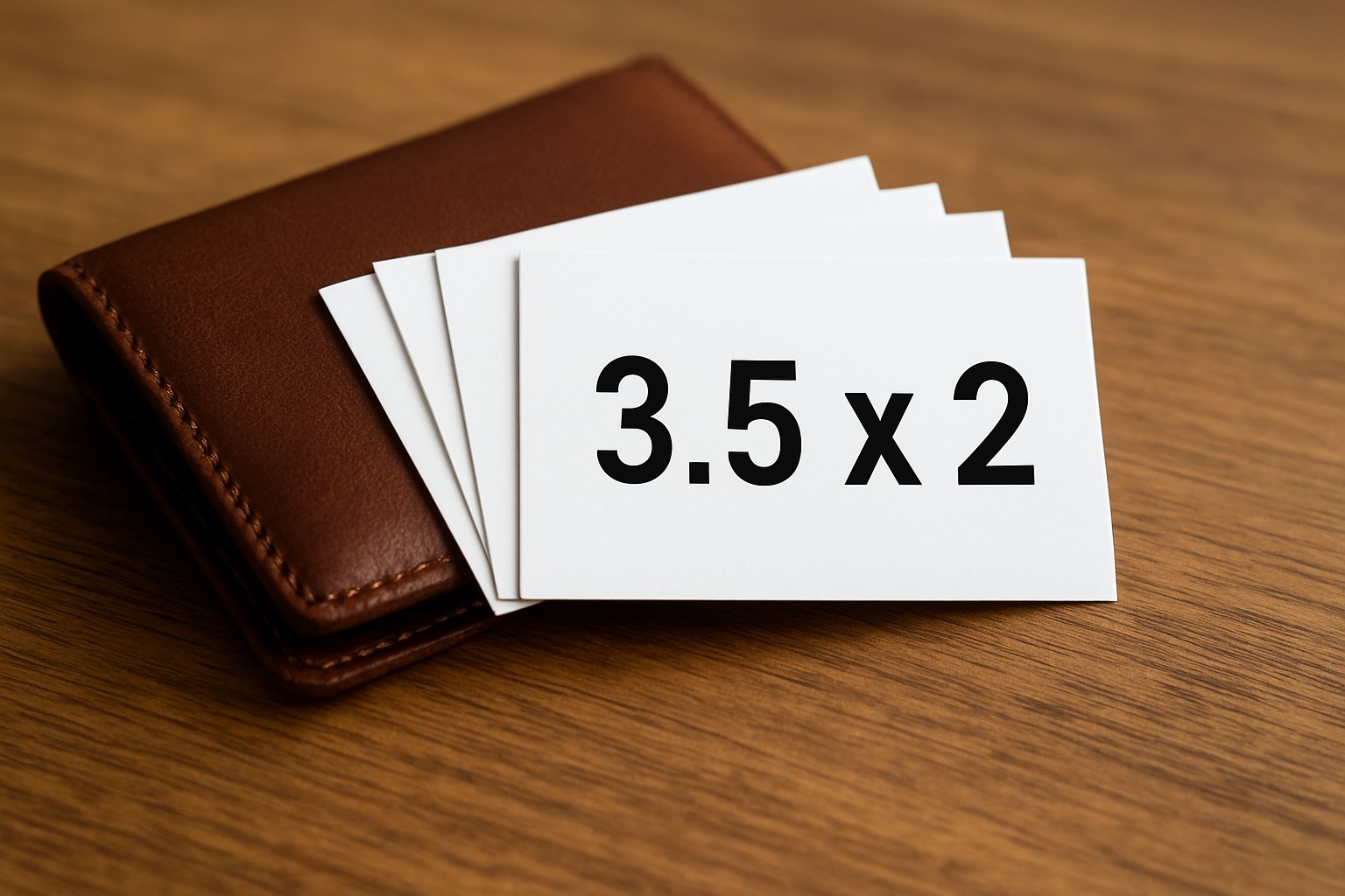 US standard 3.5 by 2 inch rectangle business cards fanned from a leather wallet
