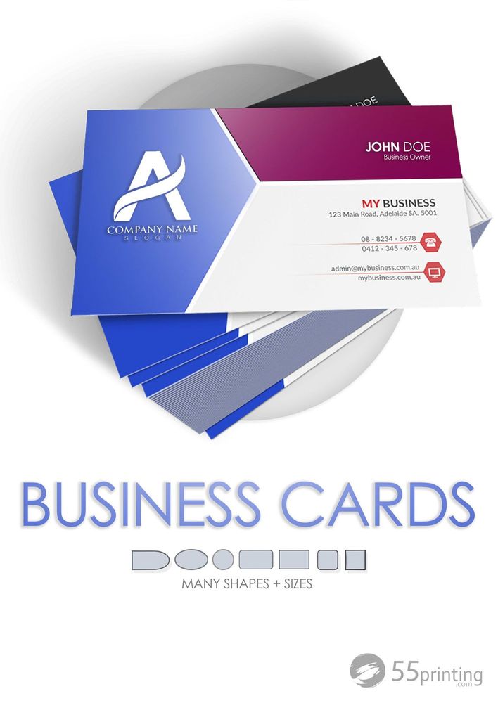 Cheap business cards: stack of blue and white 14 pt gloss standard rectangle business cards with the shape options row, rectangle, rounded, oval, circle, and square