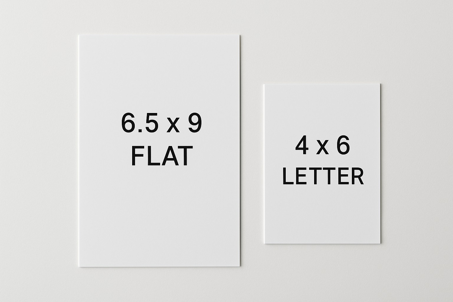 6.5 by 9 inch EDDM flat beside a smaller 4 by 6 postcard that cannot mail as EDDM Retail