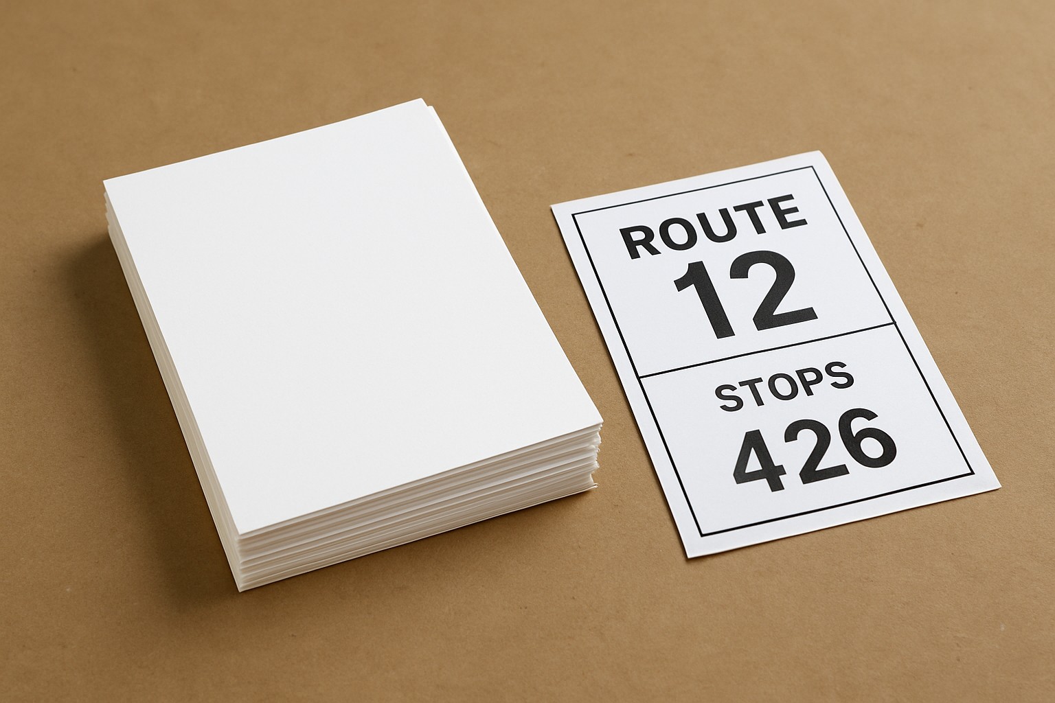 Stack of 6.5 by 9 inch EDDM flats next to a marked carrier route list