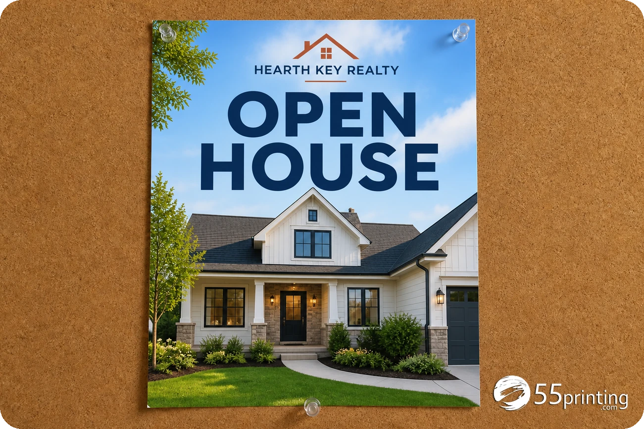 Ejemplo de un póster de puertas abiertas de Hearth Key Realty colocado en un tablón interior