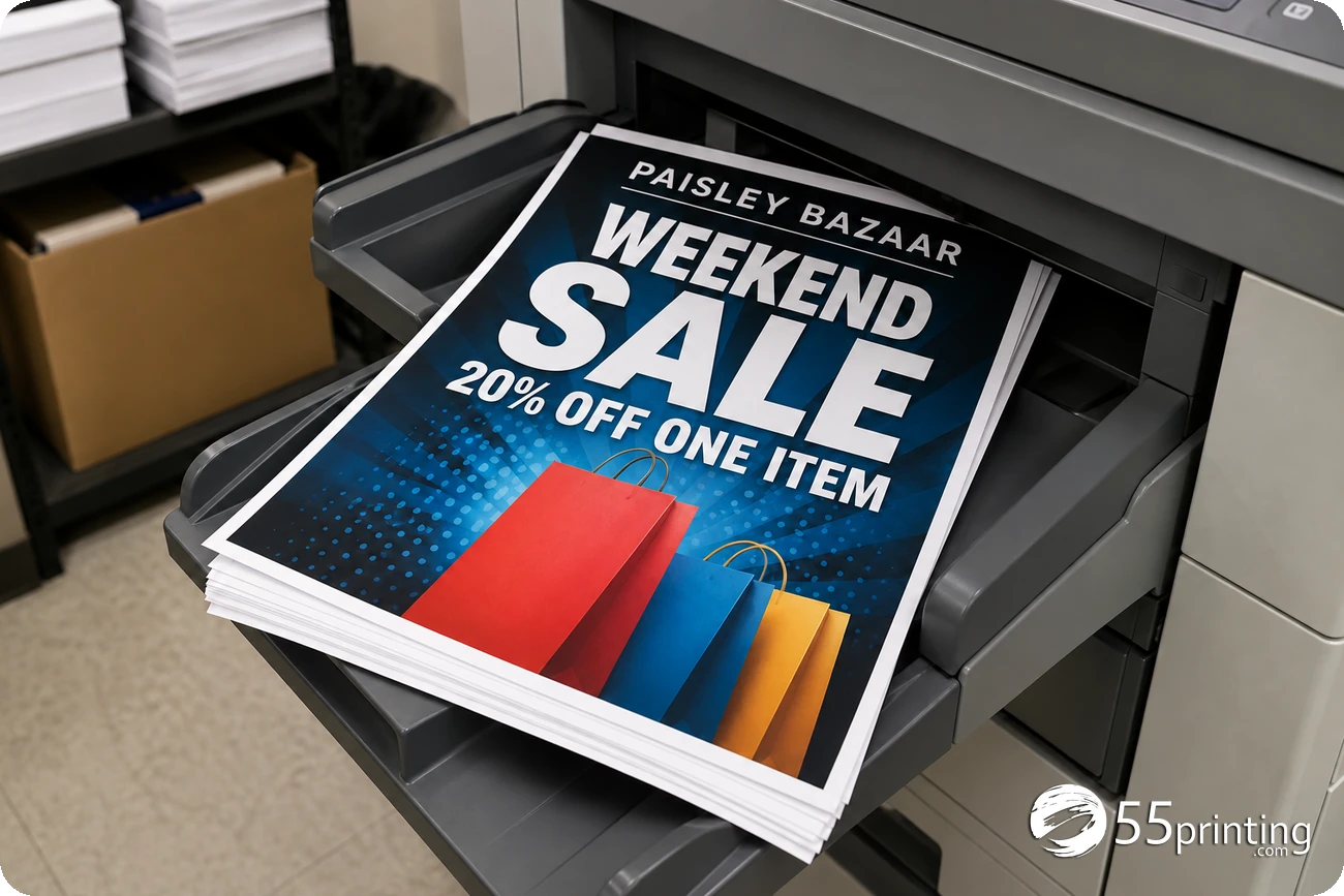 Ejemplo de pósteres de ofertas de Paisley Bazaar saliendo de una prensa digital