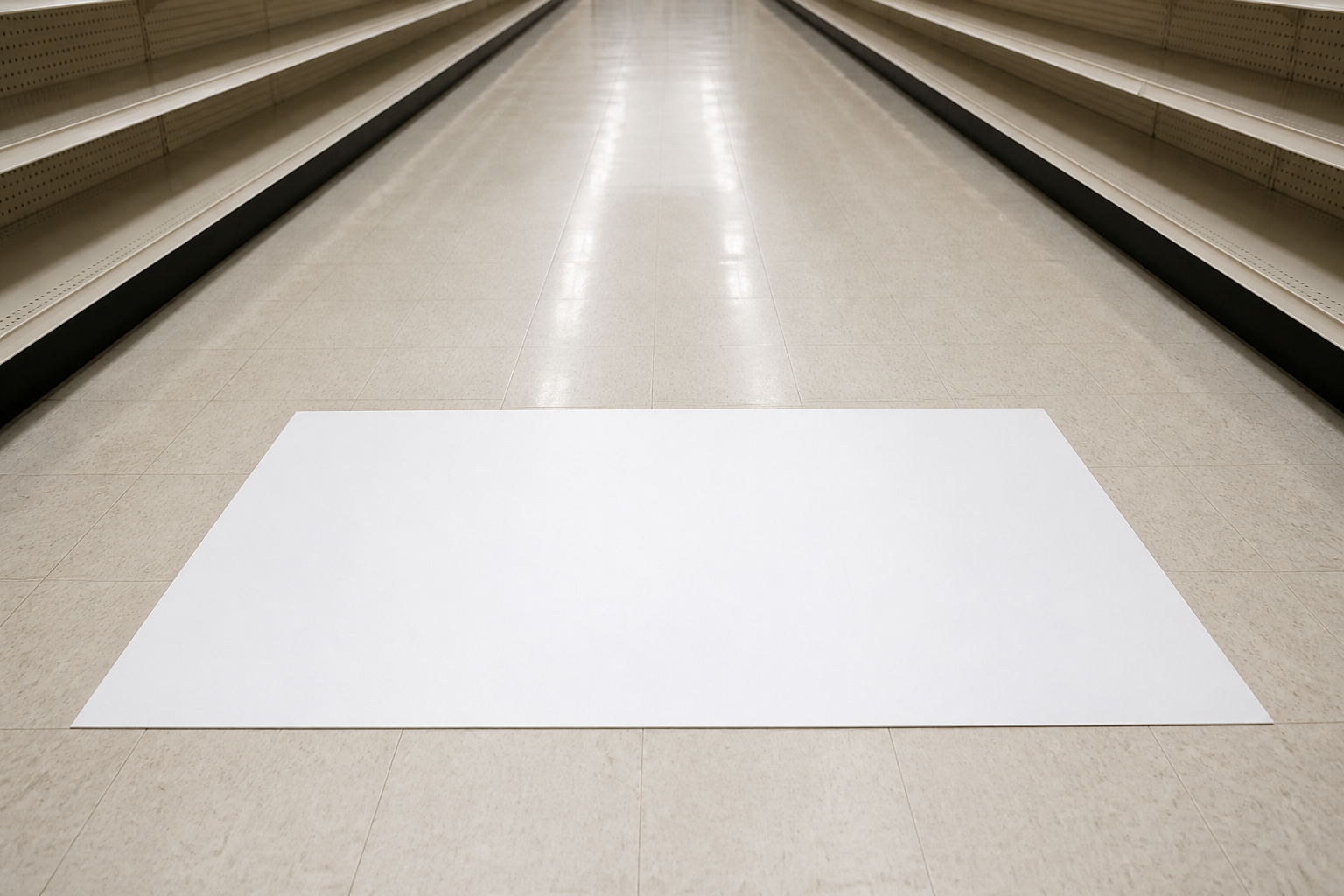 Blank white rectangular floor graphic on a grocery aisle tile floor