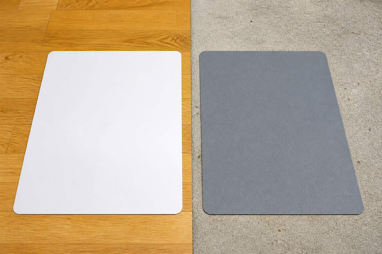 Blank indoor vinyl floor graphic on wood next to a thicker blank outdoor graphic on concrete