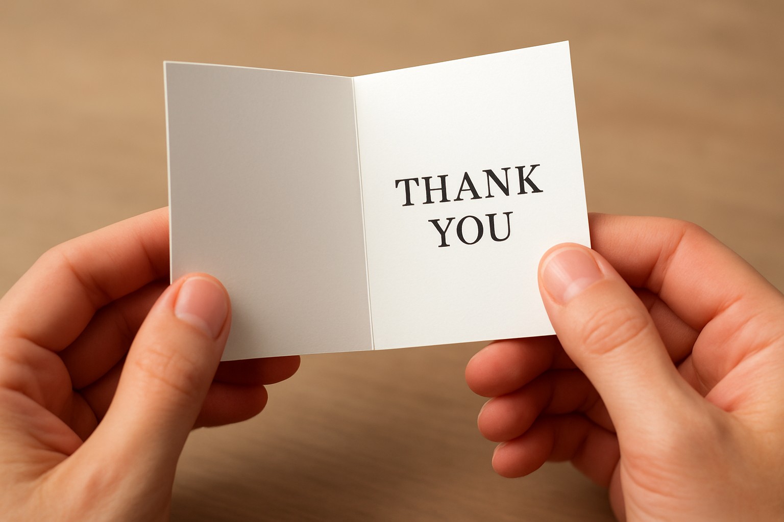 Hands opening a small 3 by 3 inch folded vertical greeting card with THANK YOU on the inside panel