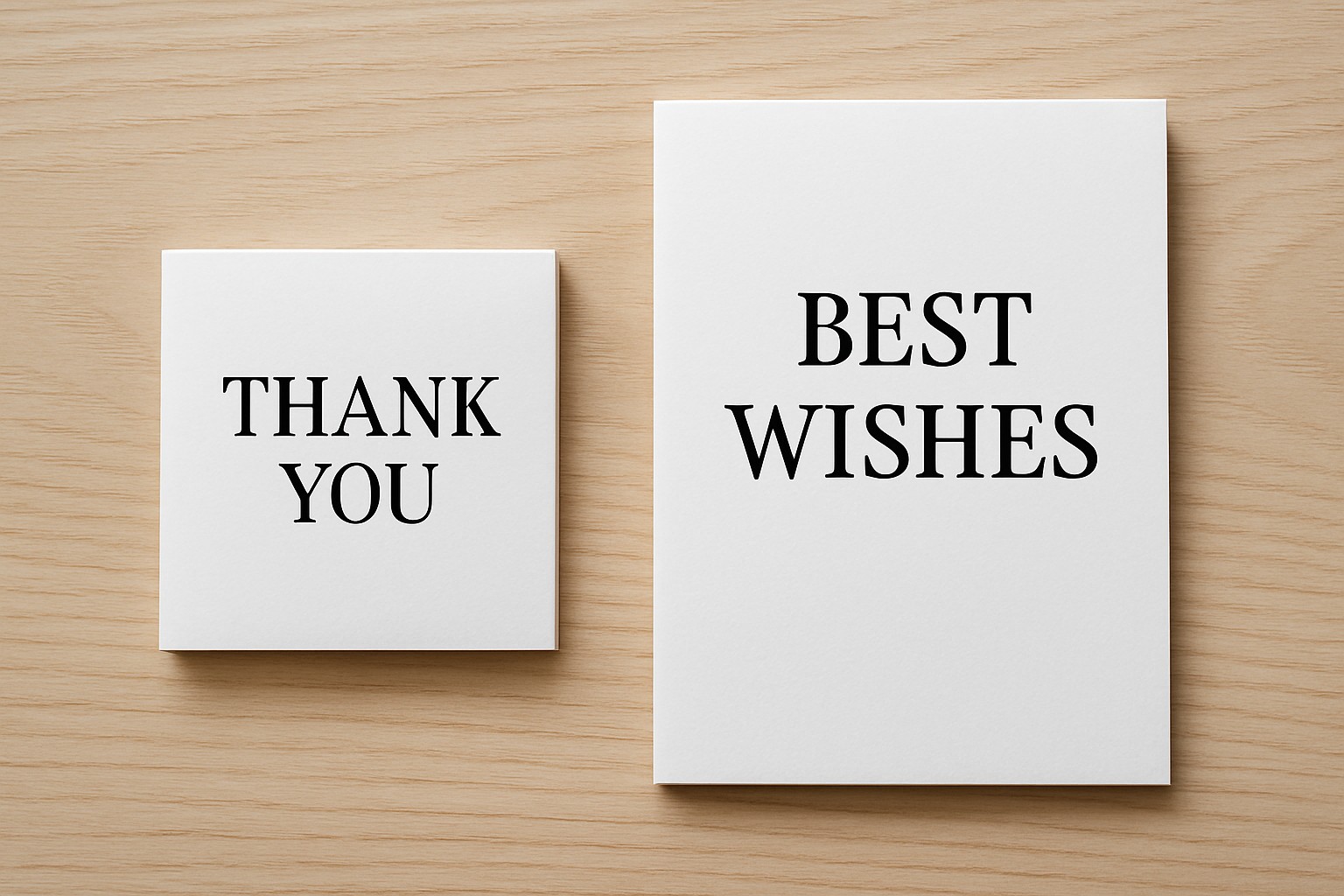 Closed 3 by 3 inch square greeting card next to a larger 5 by 7 inch folded greeting card, both lying flat with the fold on the left