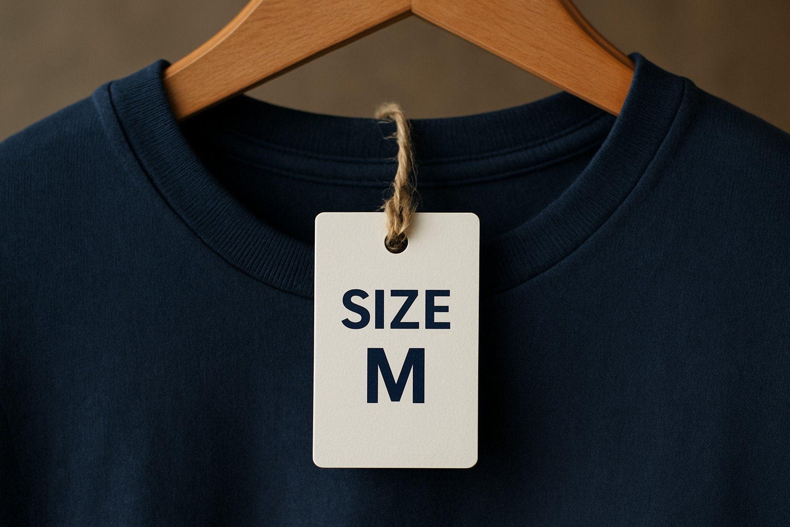Vertical 2 by 3 inch hang tag with a drill hole and string on a garment collar