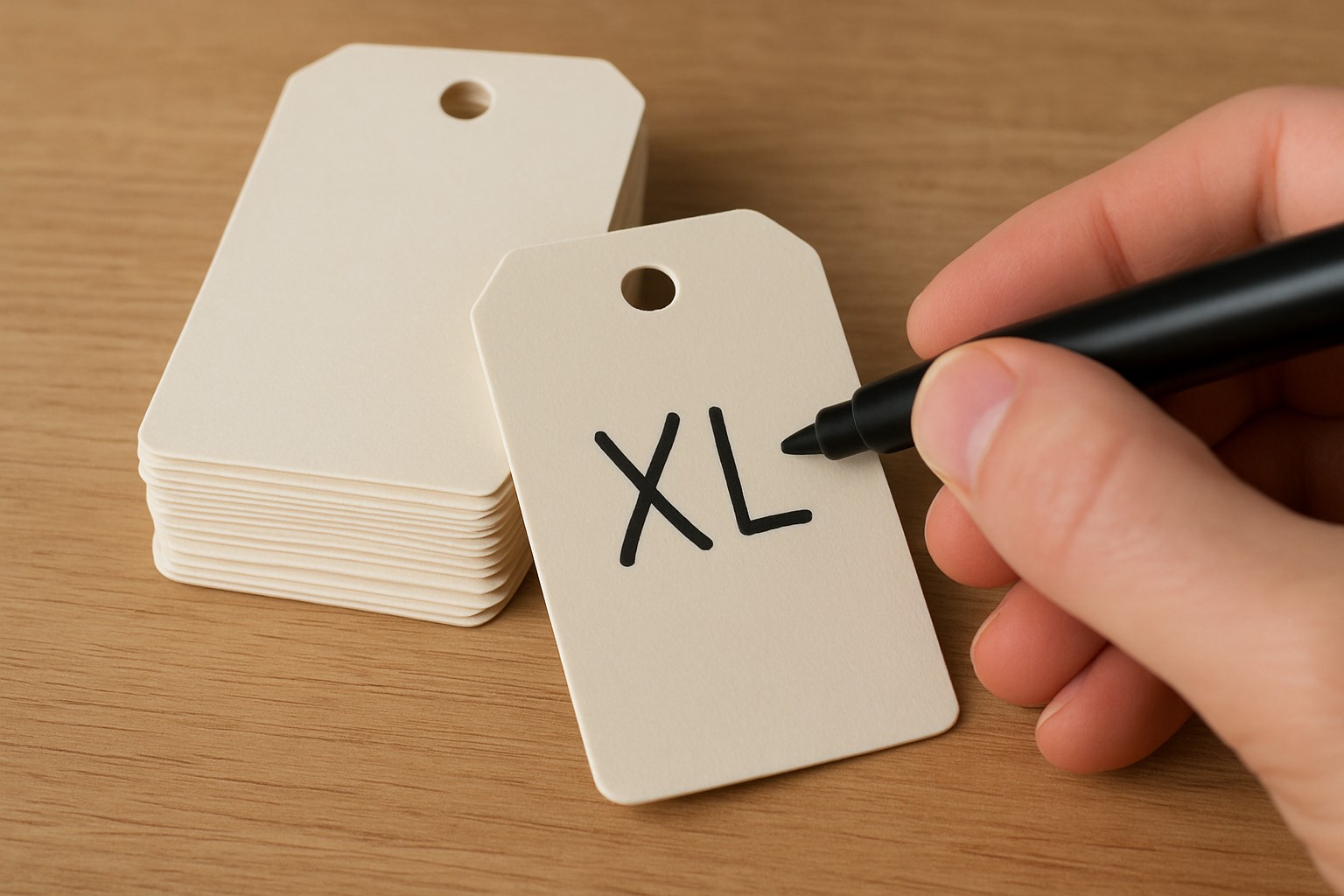 Stack of hang tags with a top drill hole, one uncoated tag being marked with a pen