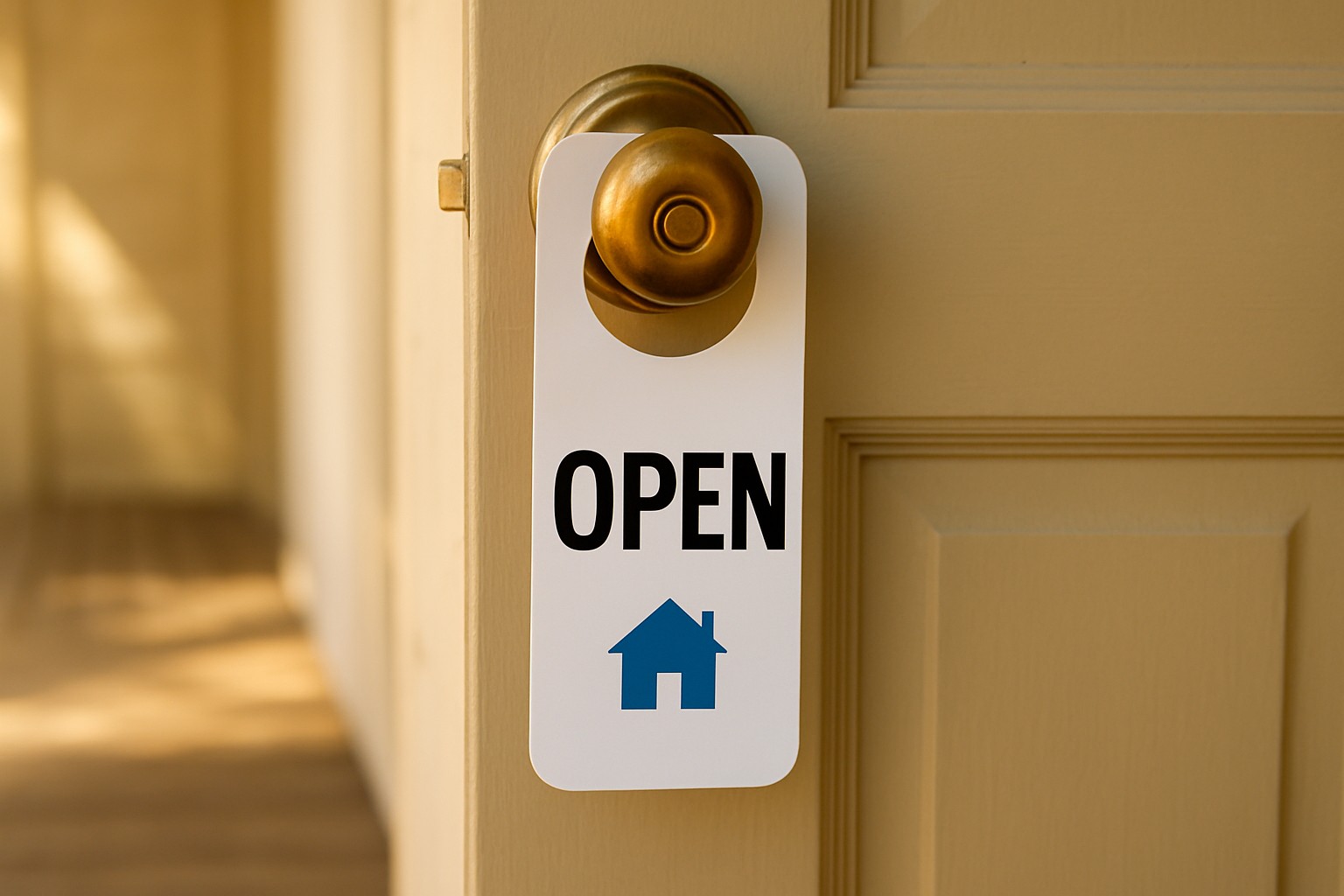 3.5 by 8.5 inch gloss door hanger with a die-cut hole hanging on a brass residential door knob