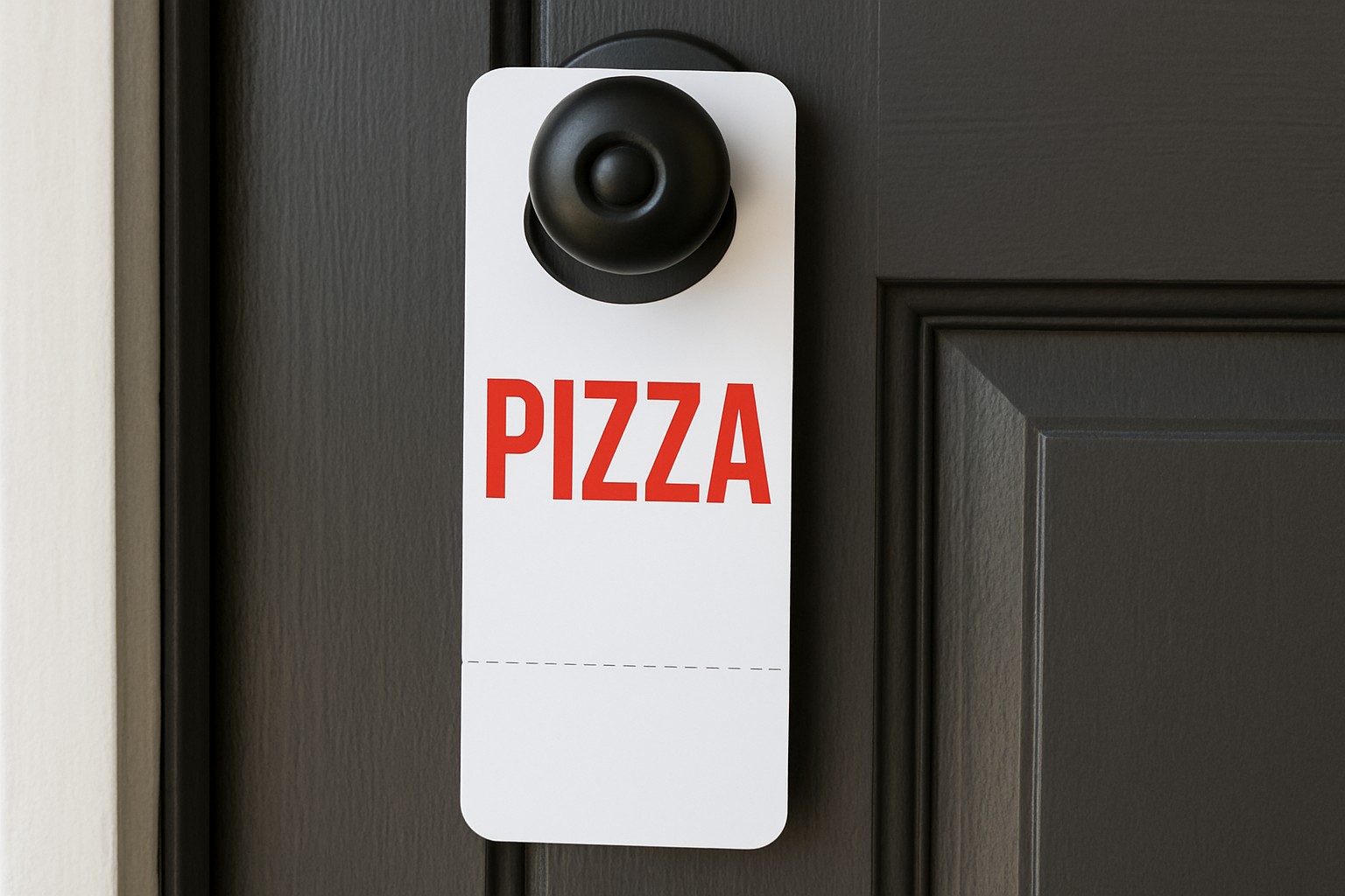 Tall 3.5 by 11 inch door hanger with a perforated business-card stub hanging on a black door knob